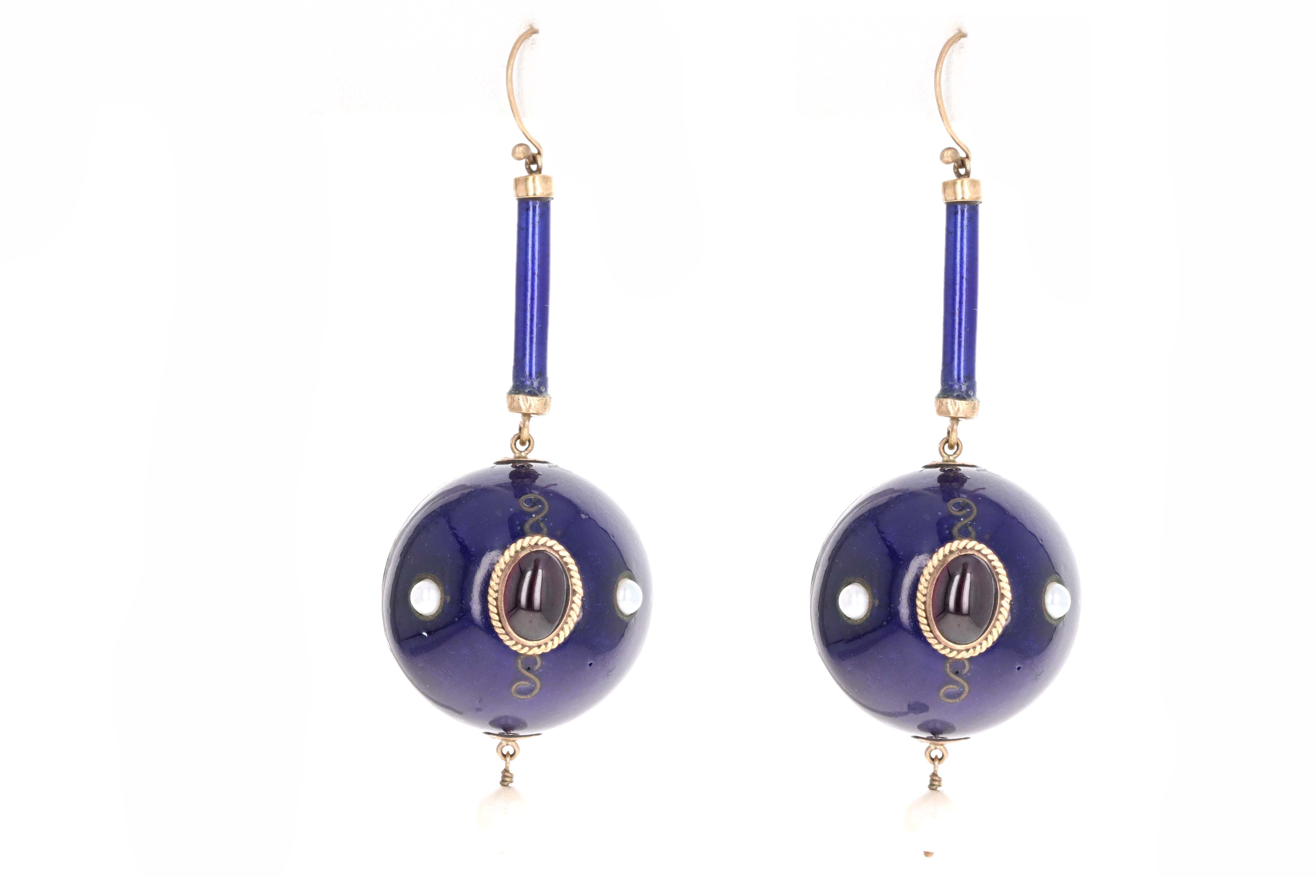 Victorian Blue Enamel Garnet Amethyst Pearl 9ct Gold Orb Drop Earrings - Queen May