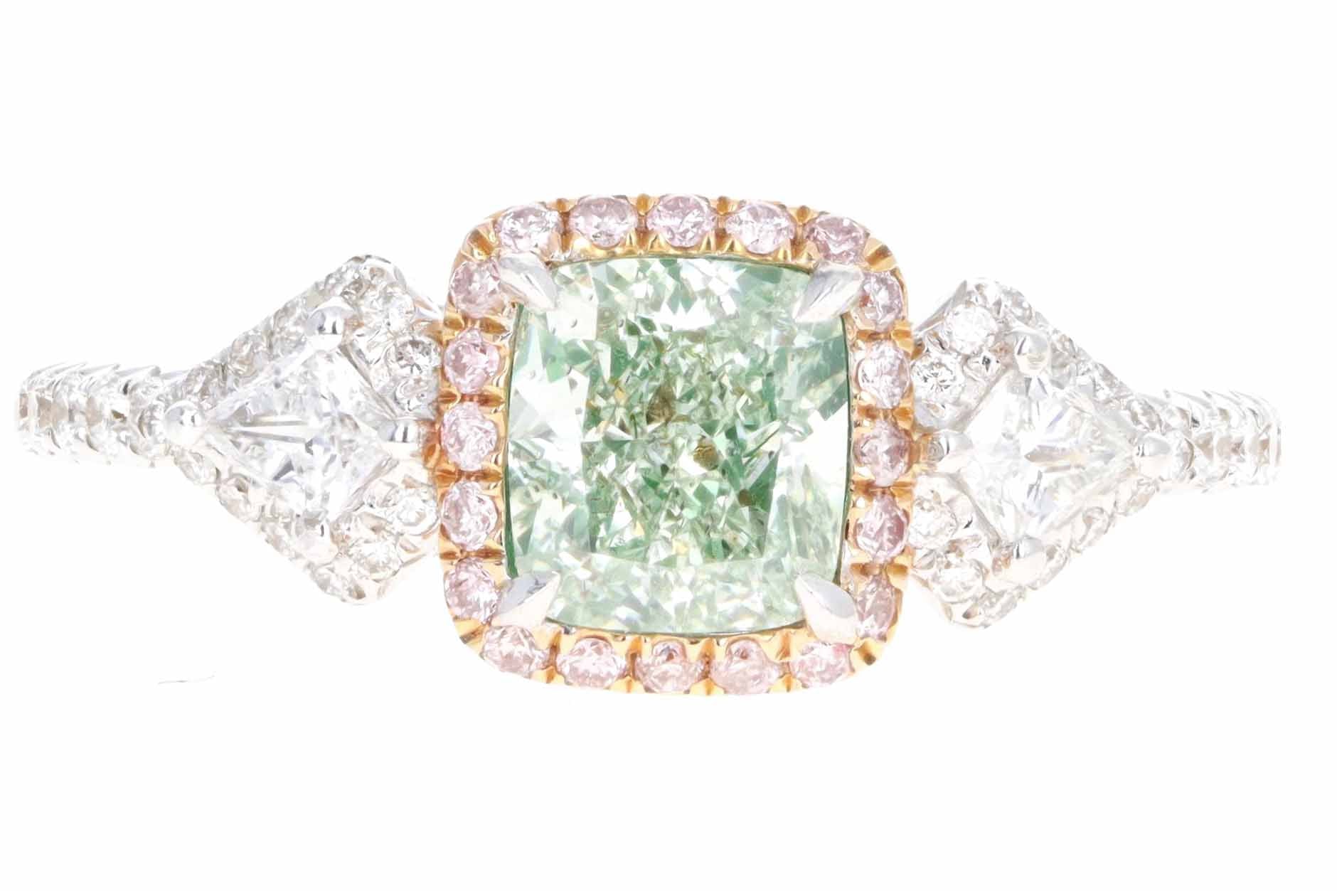 18K White Gold 1.01 Carat Cushion Cut Natural Fancy Yellowish Green Diamond & Light Pink Diamond Engagement Ring GIA Certified - Queen May