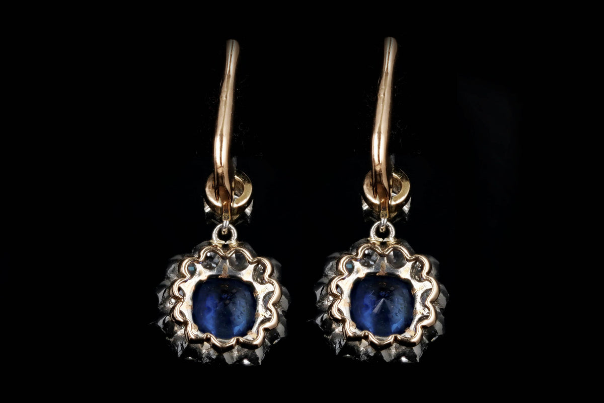 Edwardian Inspired 18K Yellow Gold & Platinum Cushion Cut Natural Sapphire & Old European Cut Diamond Drop Earrings - Queen May