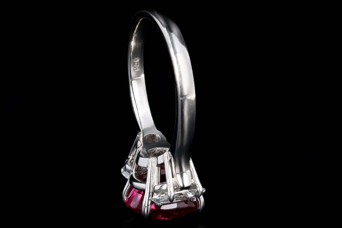 Platinum 5.10 Carat Cushion Cut Natural Madagascar Ruby & Oval Diamond Three Stone Ring Lotus/GIA Certified - Queen May