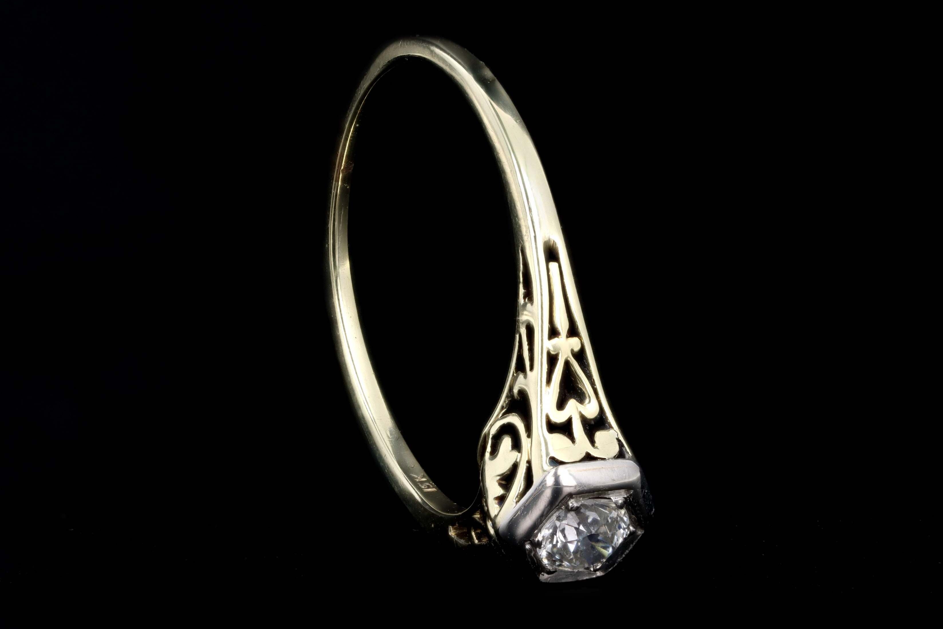 Art Deco 14K Yellow and White Gold .20 Carat Old European Cut Diamond Engagement Ring - Queen May