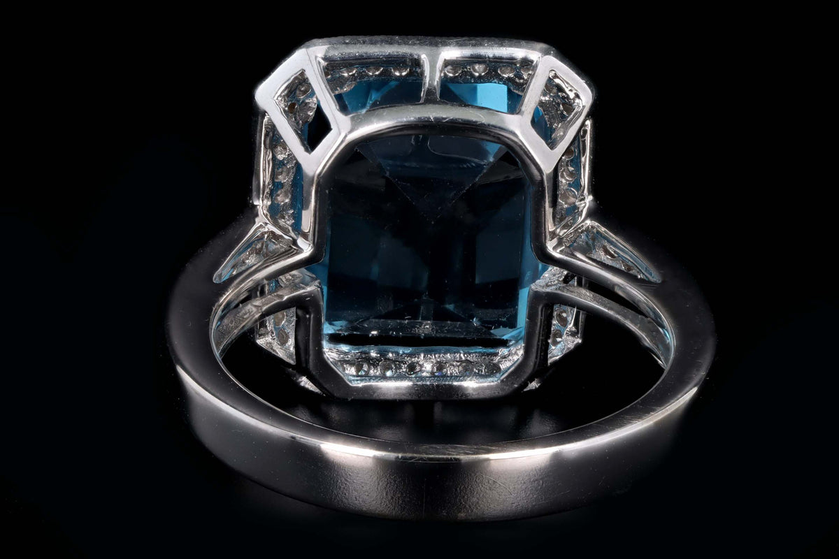 18K White Gold 7.20 Carat Emerald Cut Blue Topaz & Diamond Halo Ring - Queen May