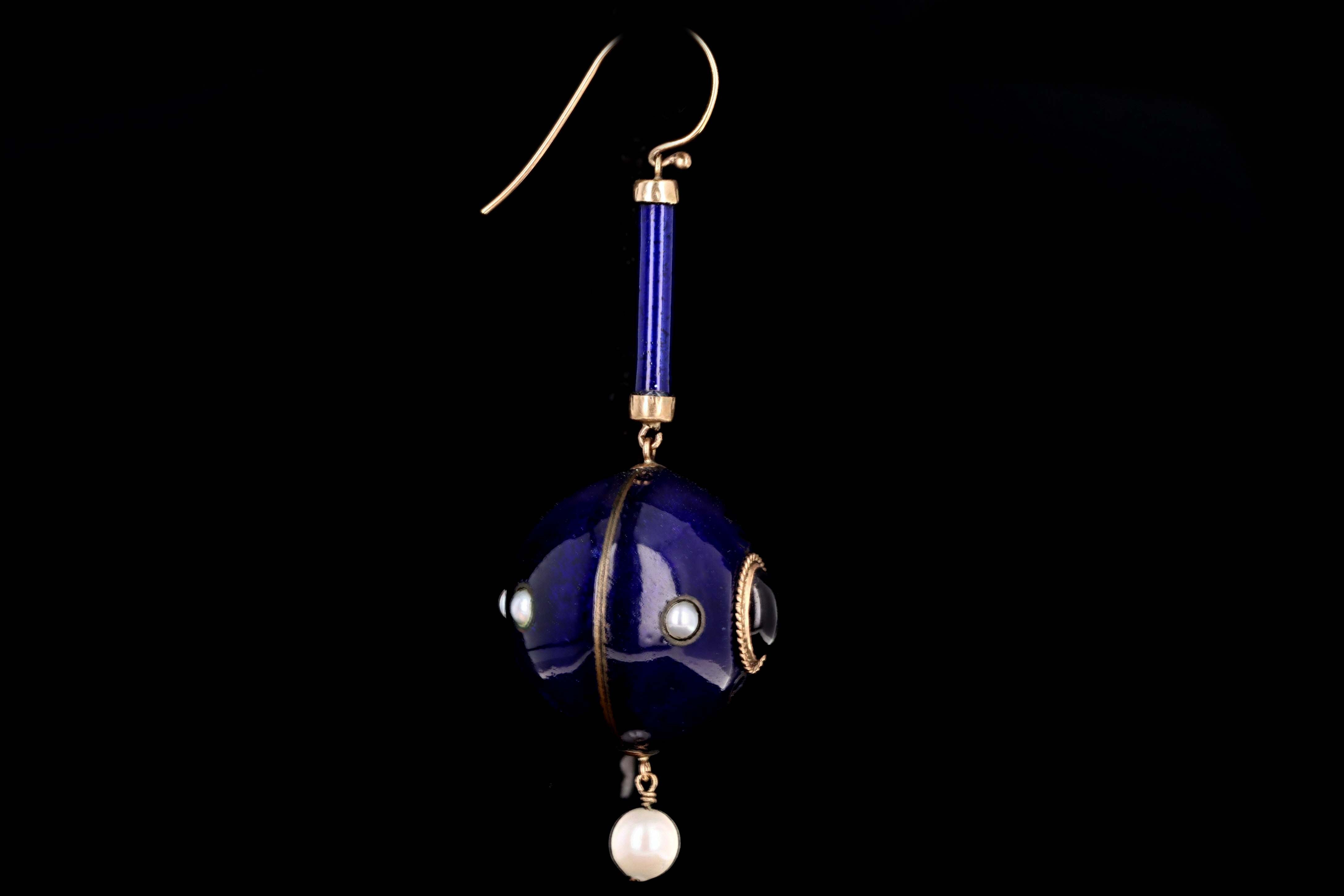 Victorian Blue Enamel Garnet Amethyst Pearl 9ct Gold Orb Drop Earrings - Queen May