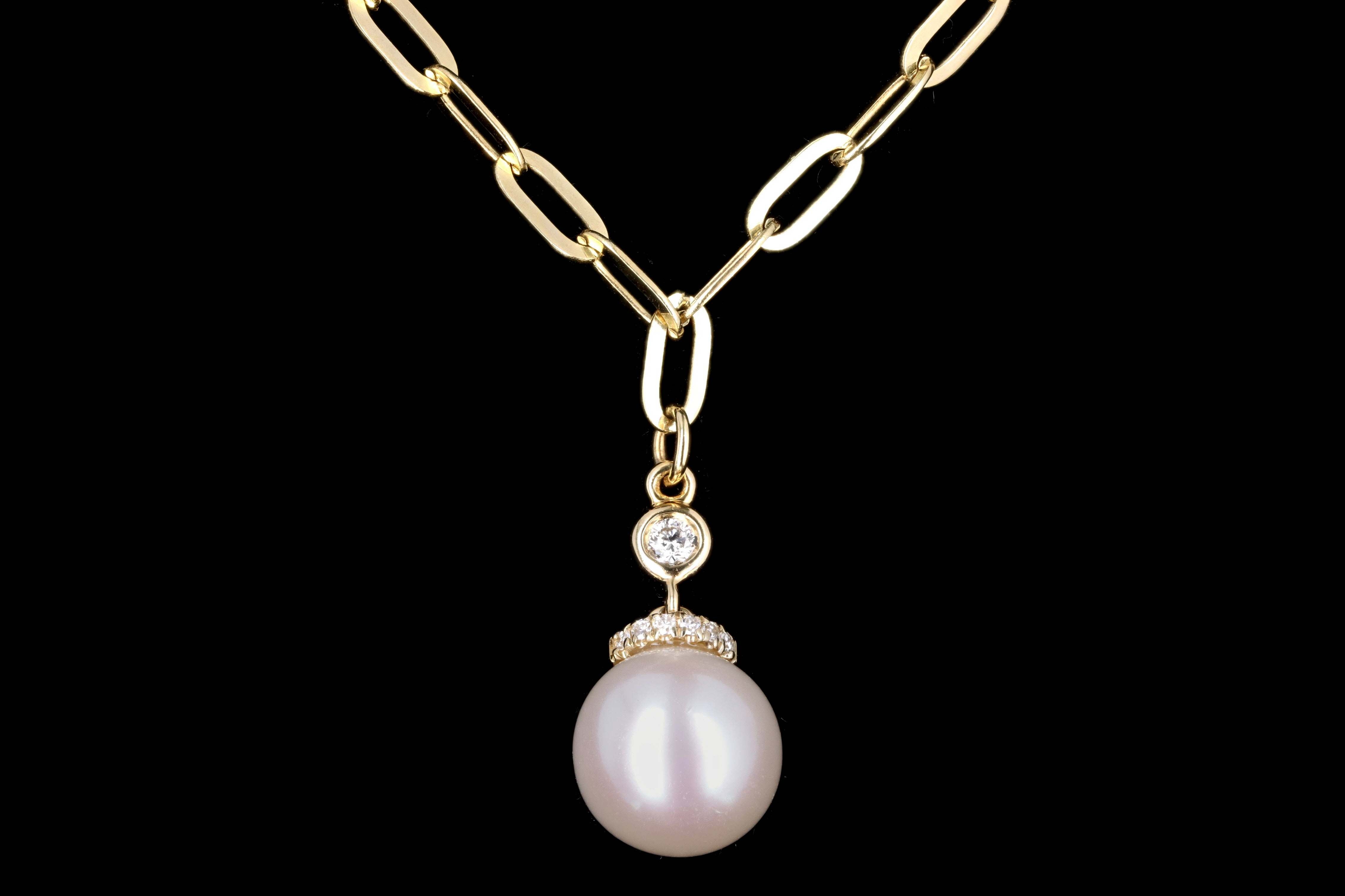 14K Gold Pearl & Diamond Paperclip Chain Pendant Necklace - Queen May