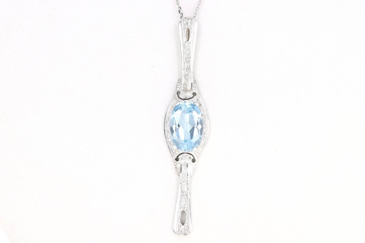 Art Deco 14K White Gold 3.5 Carat Blue Topaz Stick Pin Conversion Pendant Necklace - Queen May