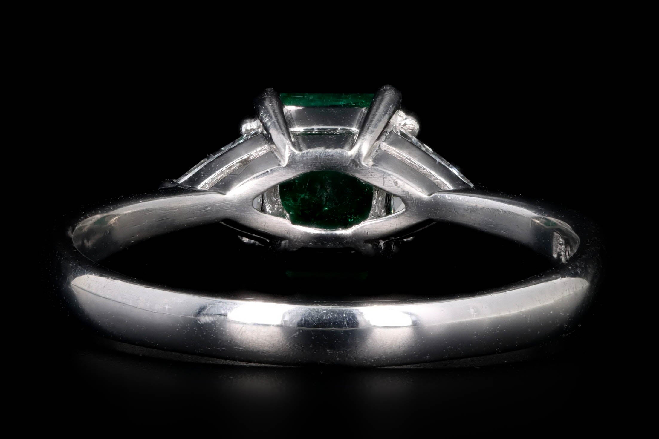 Platinum 1.11 Carat Natural Emerald & Trillion Diamond Three Stone Ring - Queen May