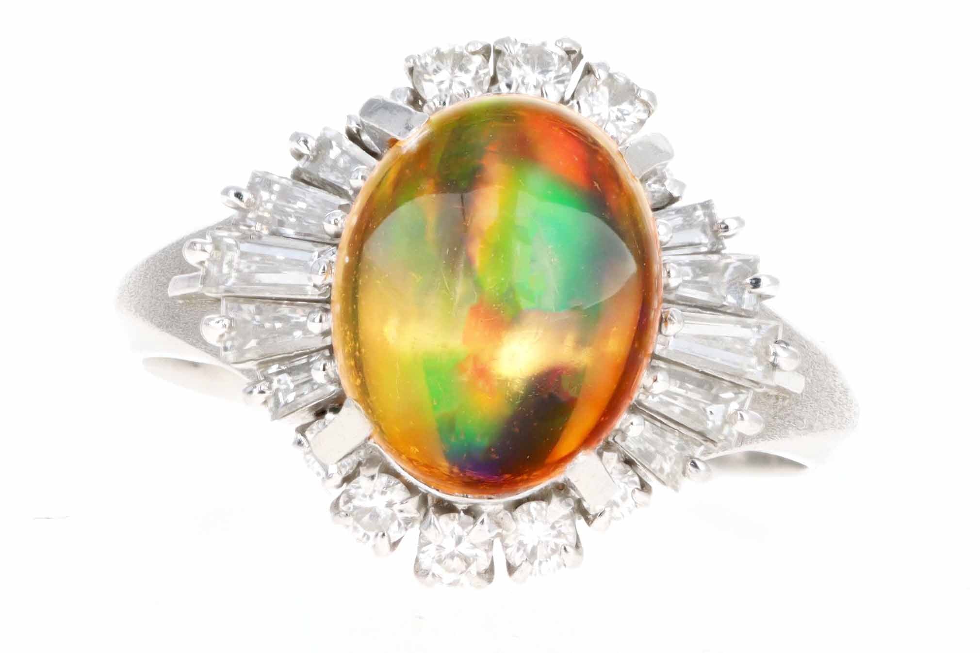 Retro Platinum 2.45 Carat Mexican Fire Opal & Baguette Diamond Ballerina Ring - Queen May