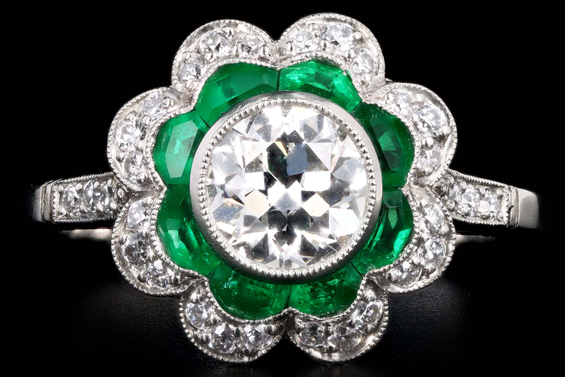 Art Deco Inspired Platinum 1.03 Carat Old European Diamond & Natural Emerald Engagement Ring - Queen May