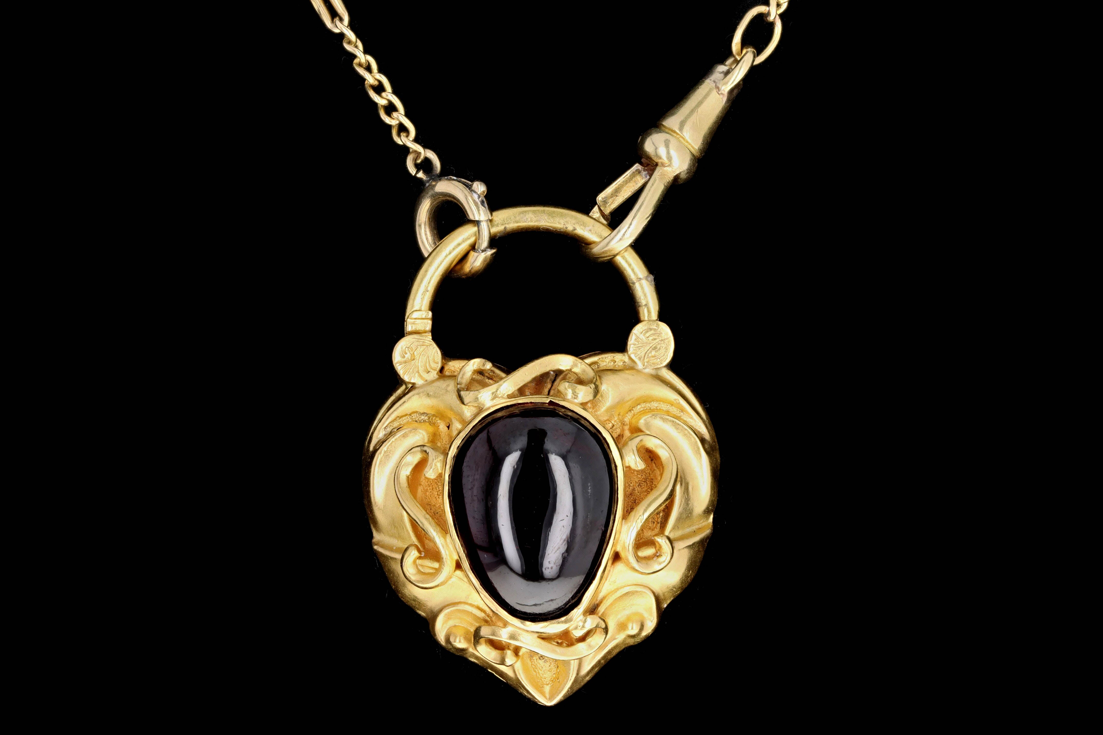 Victorian 15K Yellow Gold Garnet Heart Padlock Pendant on a 18K Pocket Watch Chain Necklace - Queen May