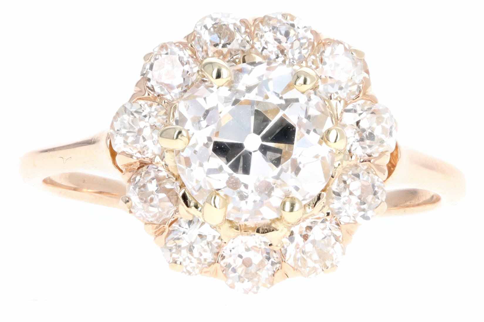 Victorian 14K Rose Gold 1.57 Carat Old European Cut Diamond Cluster Halo Engagement Ring GIA Certified - Queen May