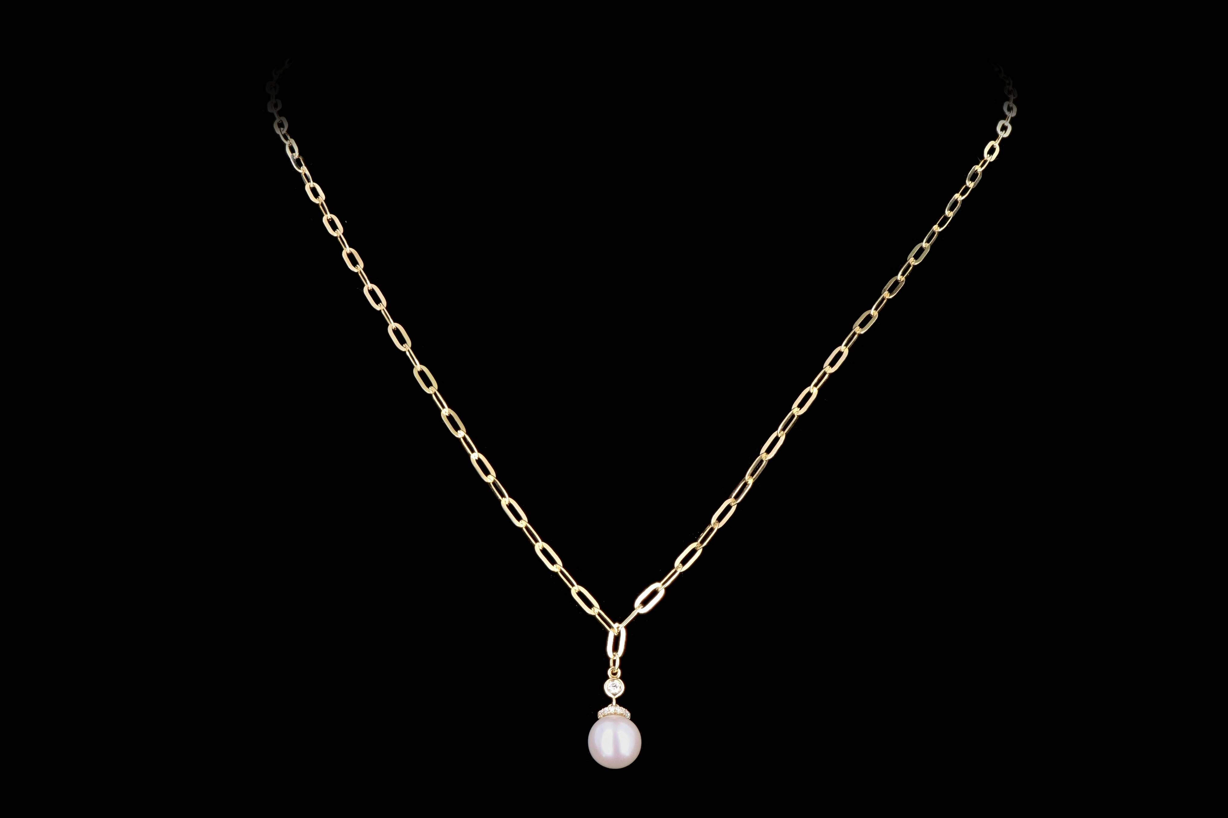 14K Gold Pearl & Diamond Paperclip Chain Pendant Necklace - Queen May