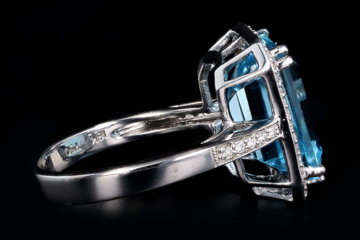 18K White Gold 7.20 Carat Emerald Cut Blue Topaz & Diamond Halo Ring - Queen May