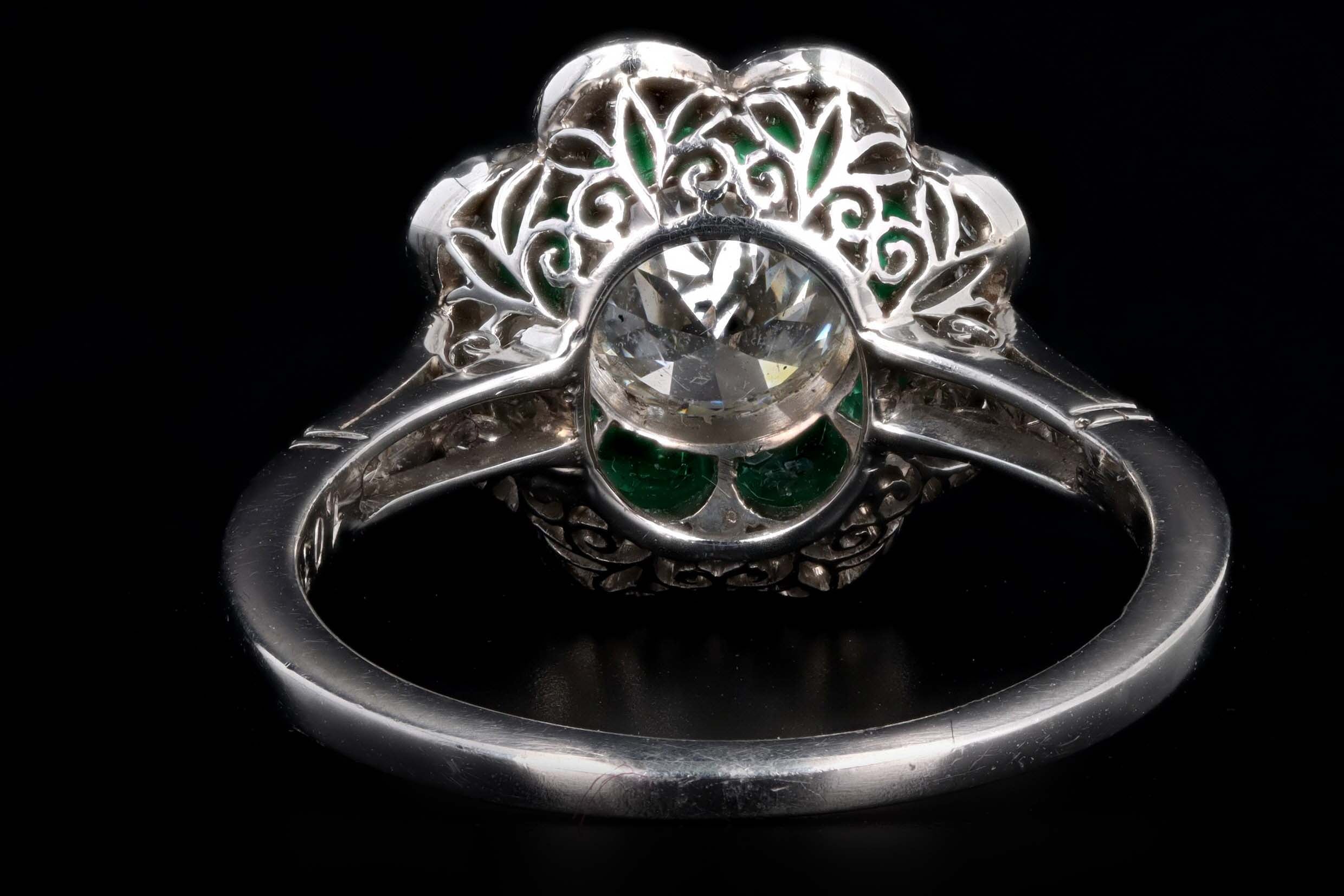 Art Deco Inspired Platinum 1.03 Carat Old European Diamond & Natural Emerald Engagement Ring - Queen May