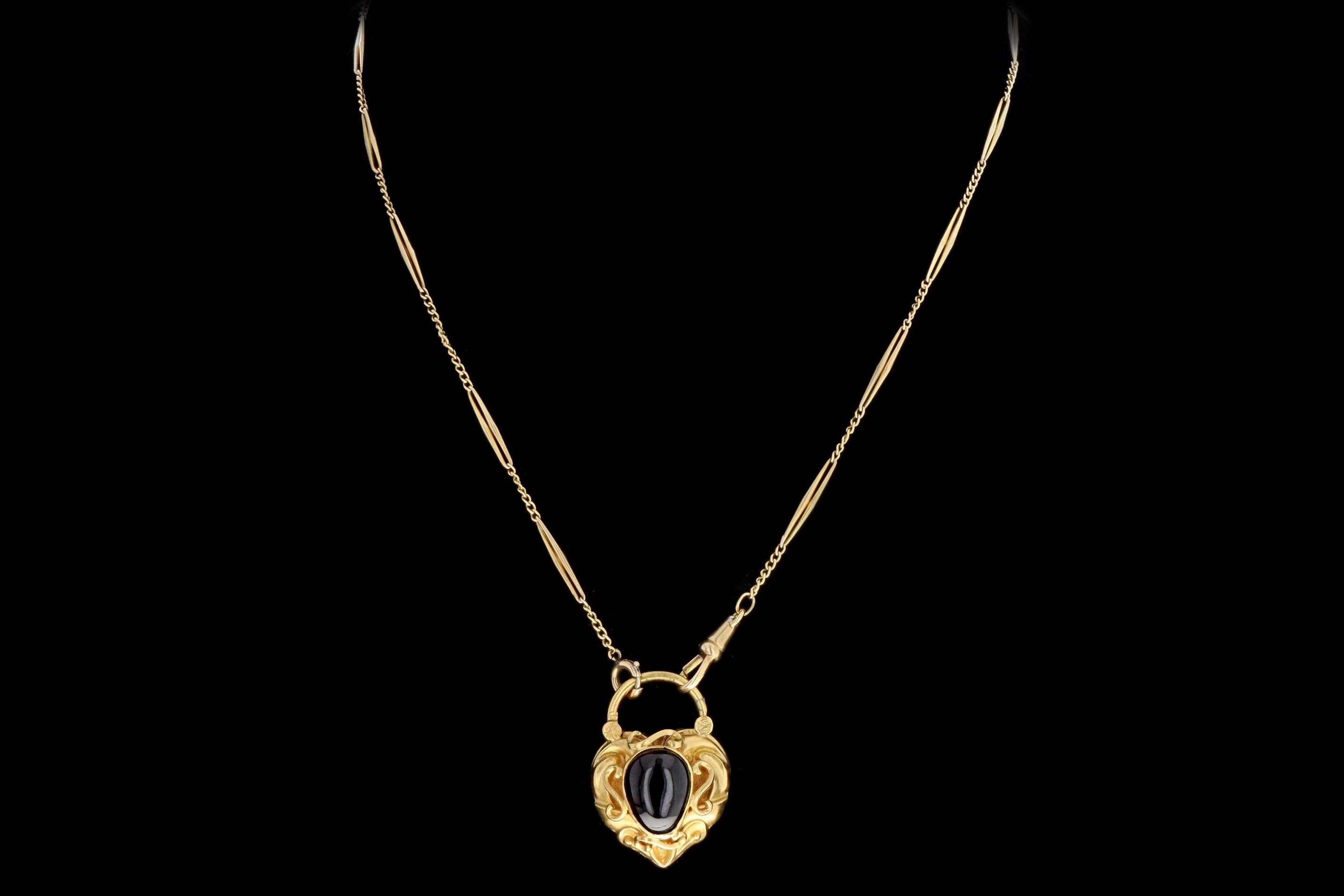 Victorian 15K Yellow Gold Garnet Heart Padlock Pendant on a 18K Pocket Watch Chain Necklace - Queen May