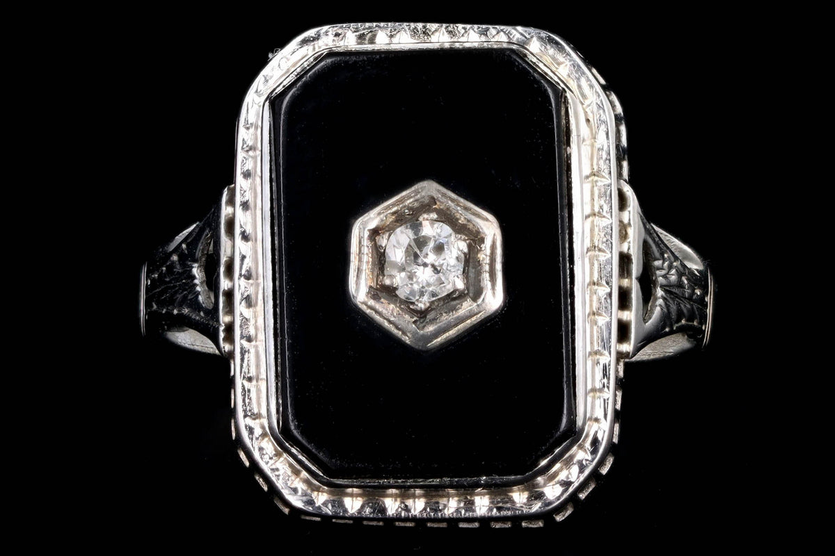 Art Deco 14K White Gold Black Onyx & Antique Single Cut Diamond Ring - Queen May
