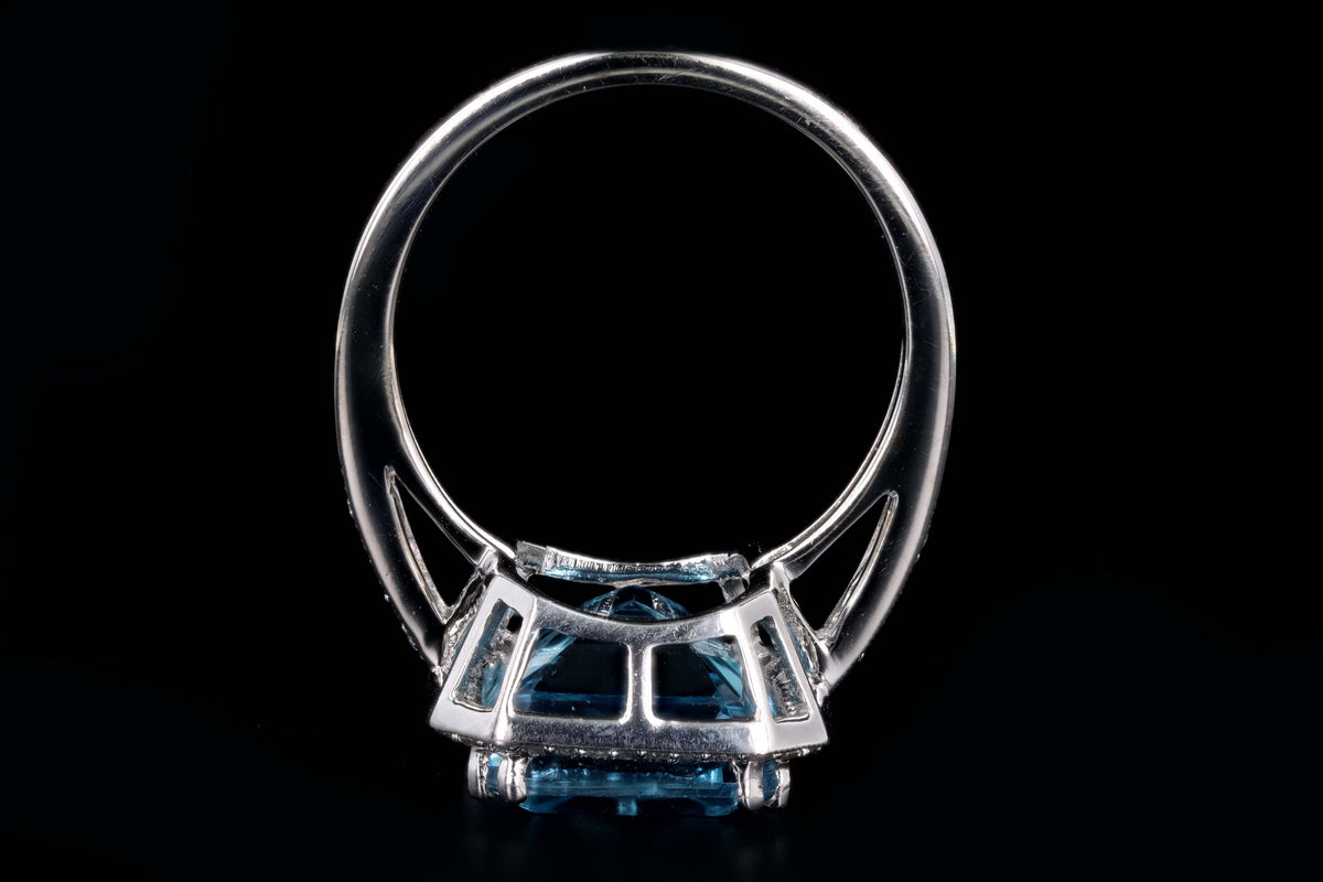 18K White Gold 7.20 Carat Emerald Cut Blue Topaz & Diamond Halo Ring - Queen May