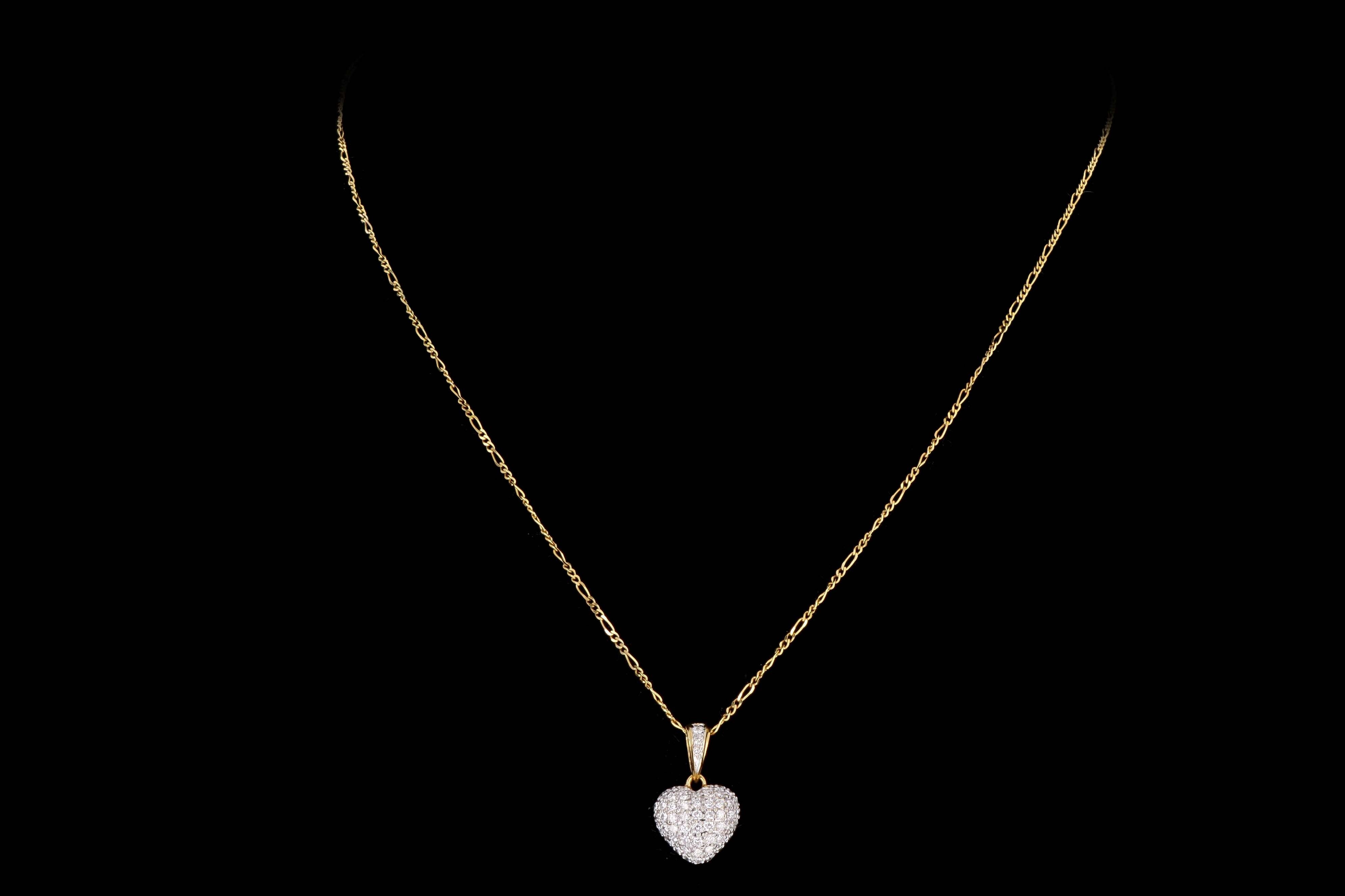 18K Yellow Gold .50 Carat Total Weight Round Diamond Pave Heart Pendant Necklace - Queen May