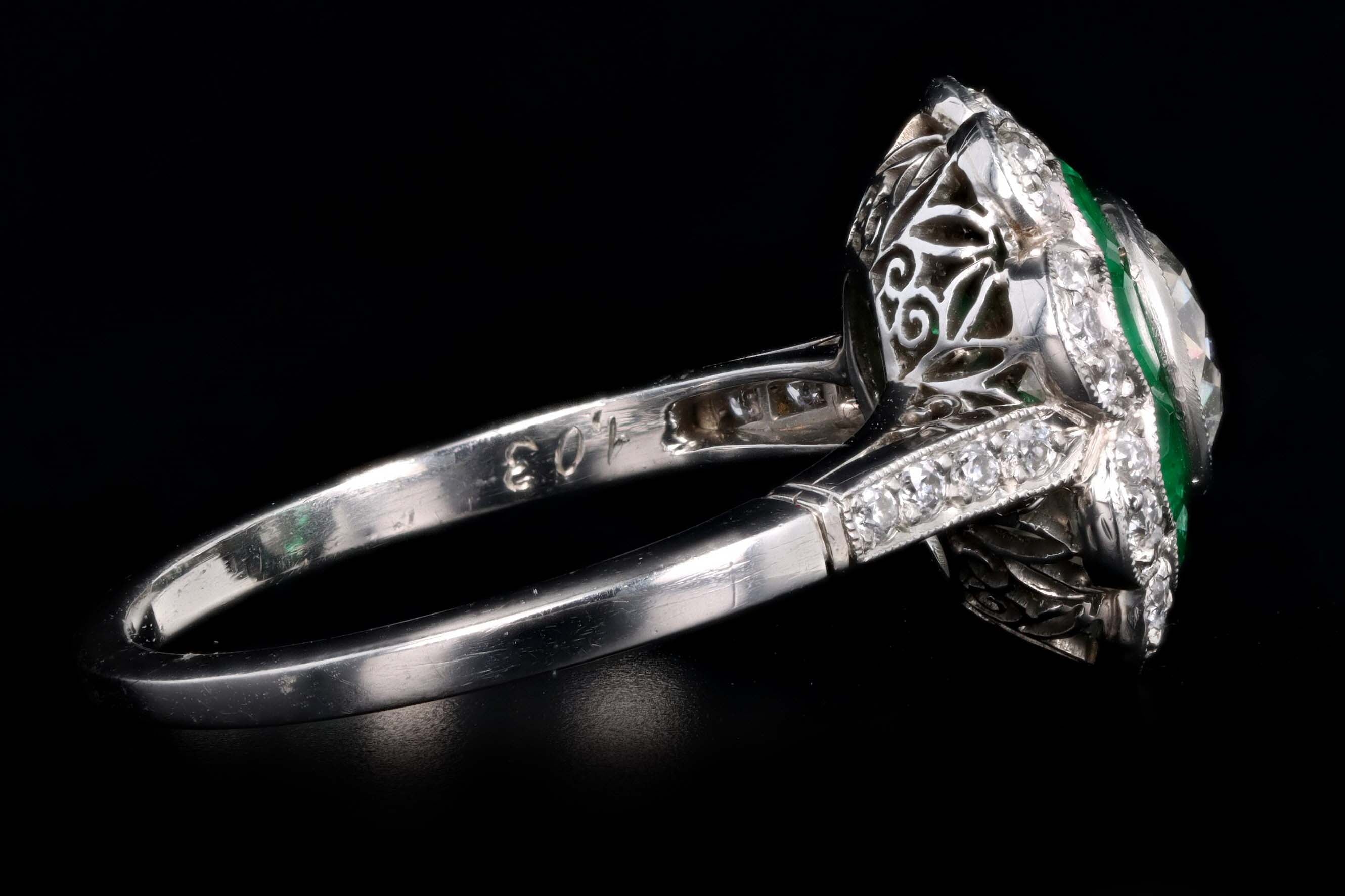 Art Deco Inspired Platinum 1.03 Carat Old European Diamond & Natural Emerald Engagement Ring - Queen May