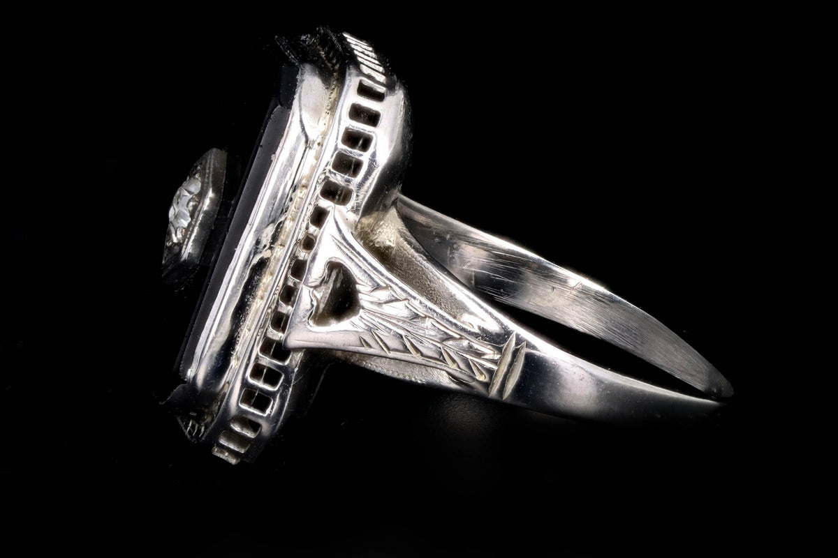 Art Deco 14K White Gold Black Onyx & Antique Single Cut Diamond Ring - Queen May