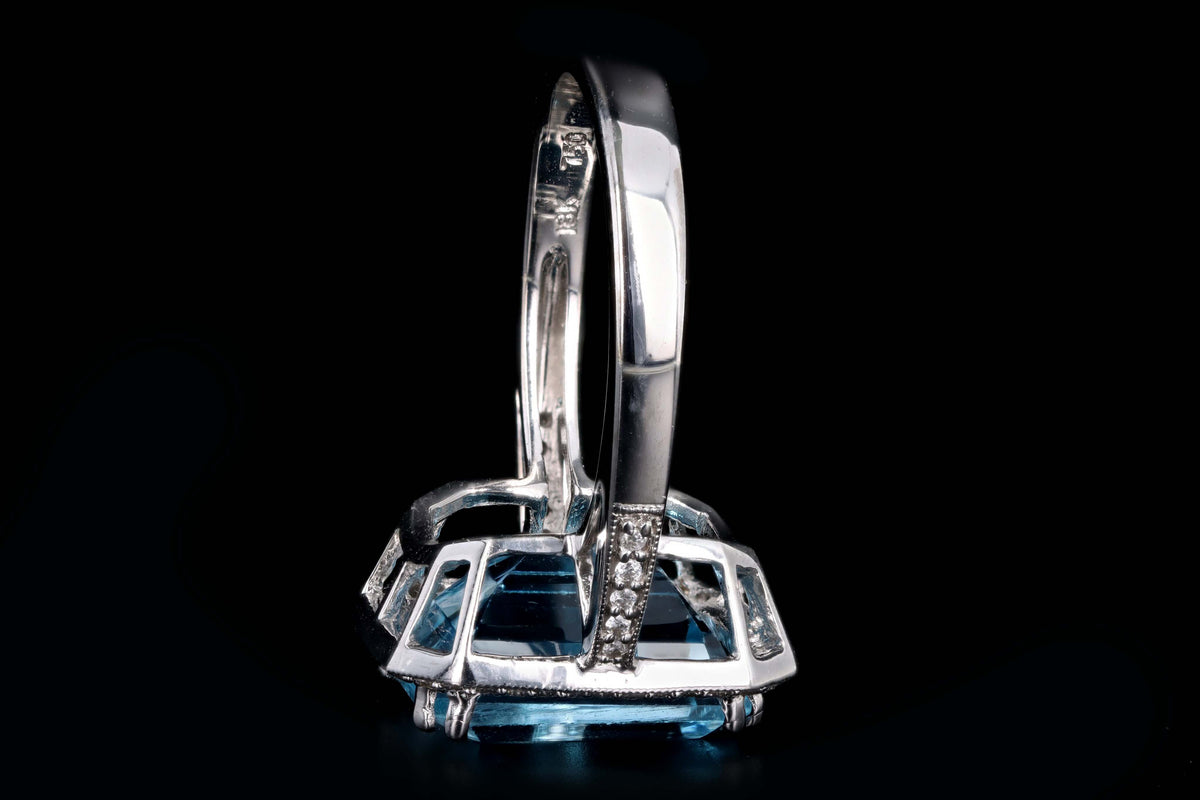 18K White Gold 7.20 Carat Emerald Cut Blue Topaz & Diamond Halo Ring - Queen May