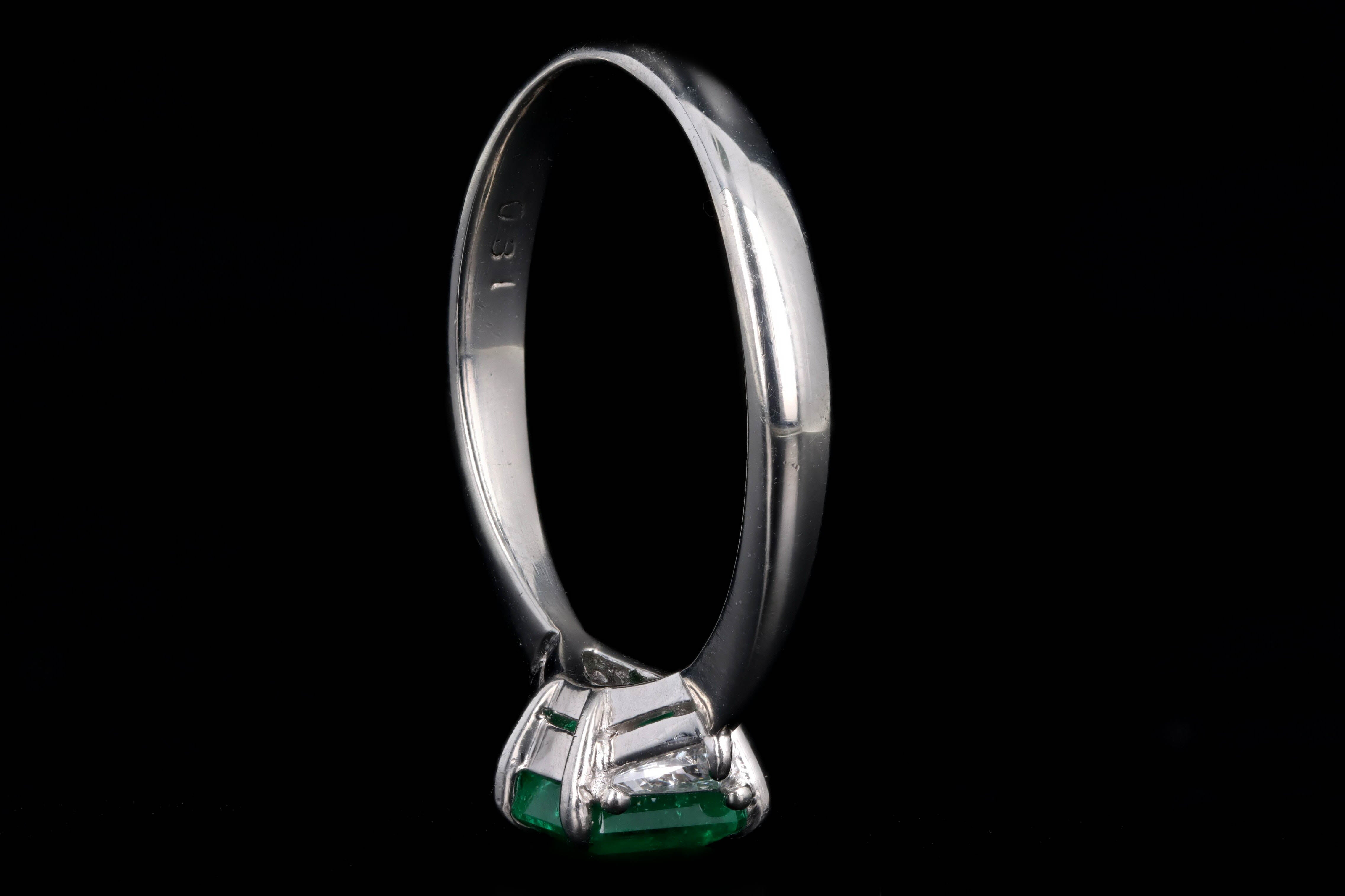 Platinum 1.11 Carat Natural Emerald & Trillion Diamond Three Stone Ring - Queen May