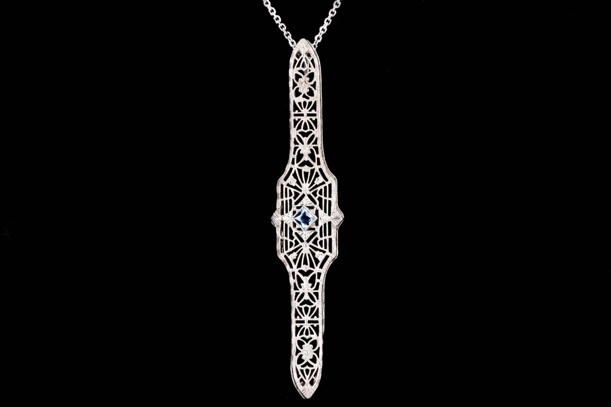 Art Deco 14K White Gold .12 Carat Natural Sapphire Bar Pin Conversion Pendant Necklace - Queen May
