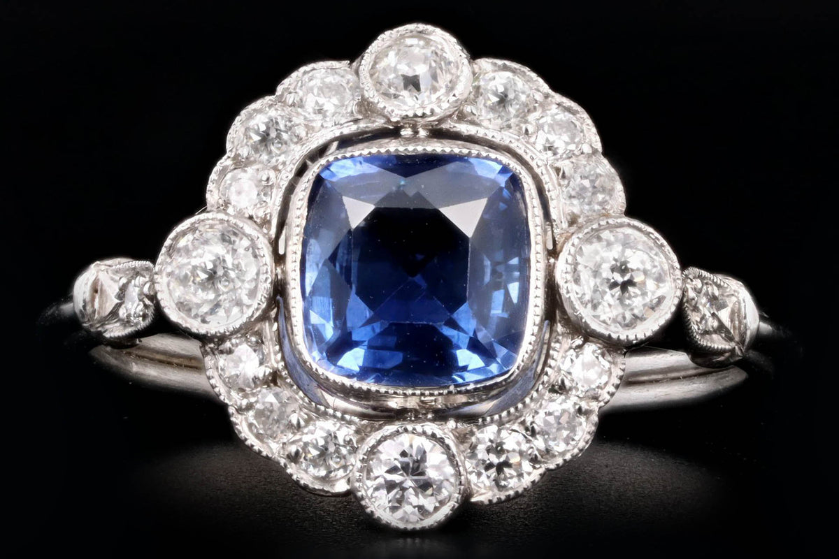 Art Deco Inspired Platinum 1.15 Carat Cushion Cut Natural Sapphire & Old European Cut Diamond Halo Cluster Ring - Queen May