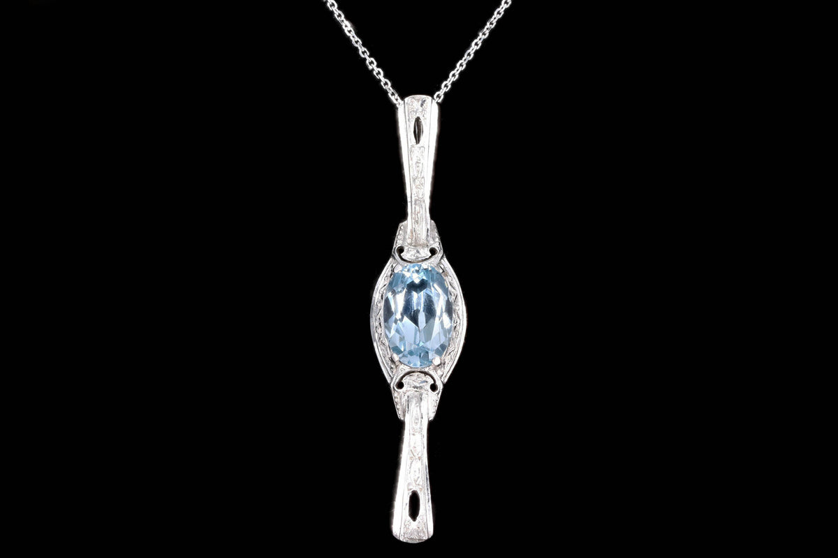 Art Deco 14K White Gold 3.5 Carat Blue Topaz Stick Pin Conversion Pendant Necklace - Queen May