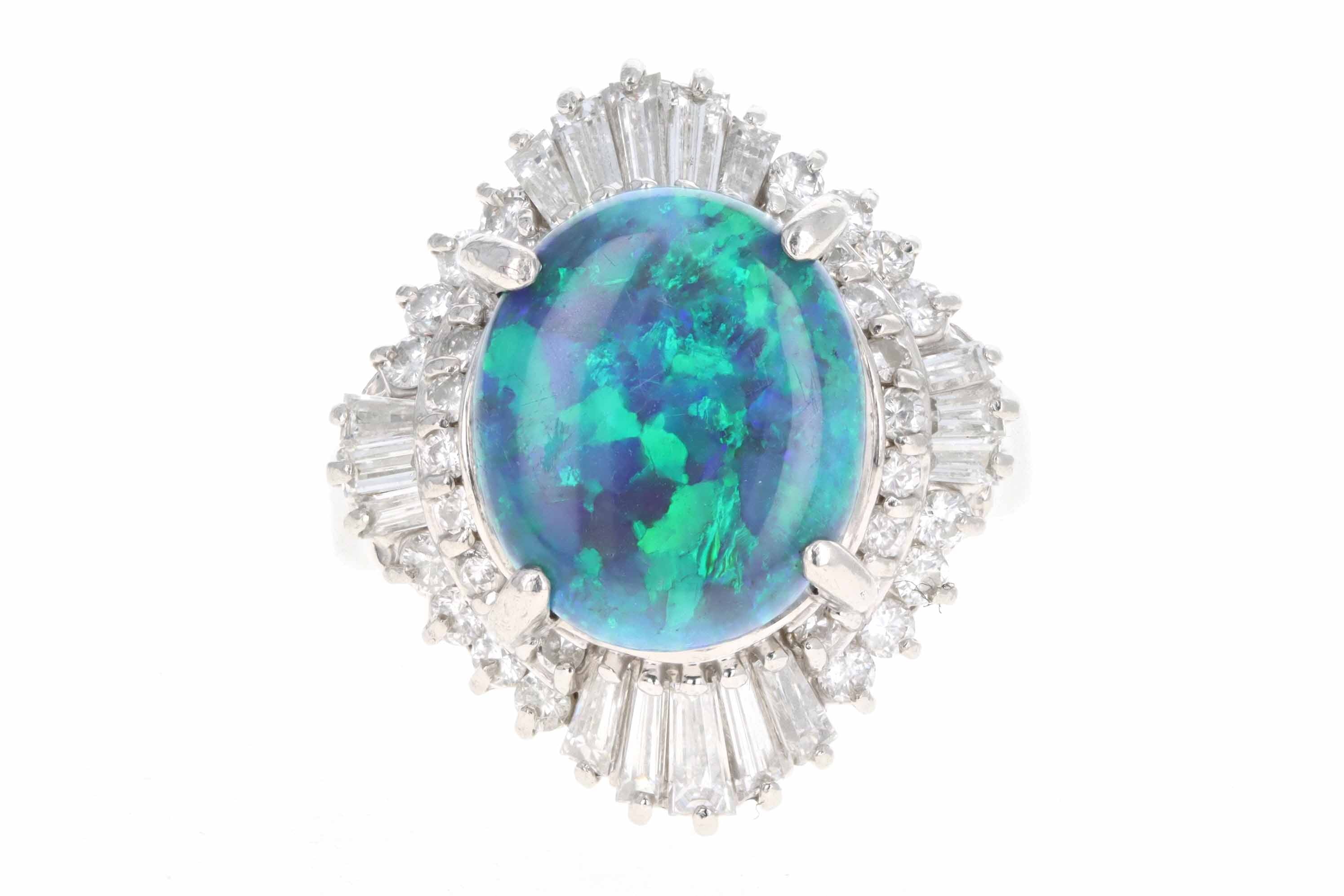 Retro Platinum 4.40 Carat Black Opal & Tapered Baguette Ballerina Ring - Queen May