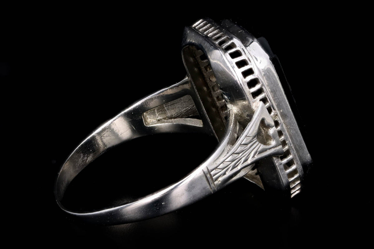 Art Deco 14K White Gold Black Onyx & Antique Single Cut Diamond Ring - Queen May