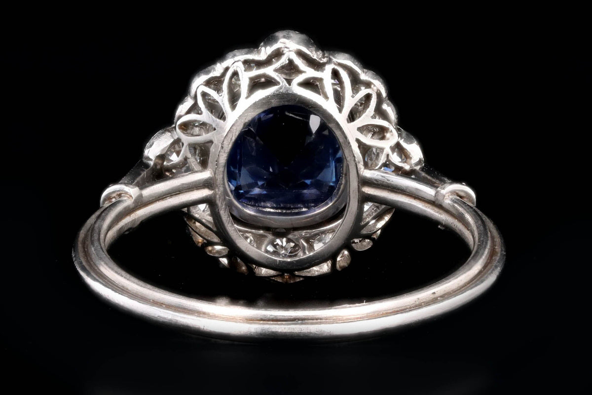 Art Deco Inspired Platinum 1.15 Carat Cushion Cut Natural Sapphire & Old European Cut Diamond Halo Cluster Ring - Queen May