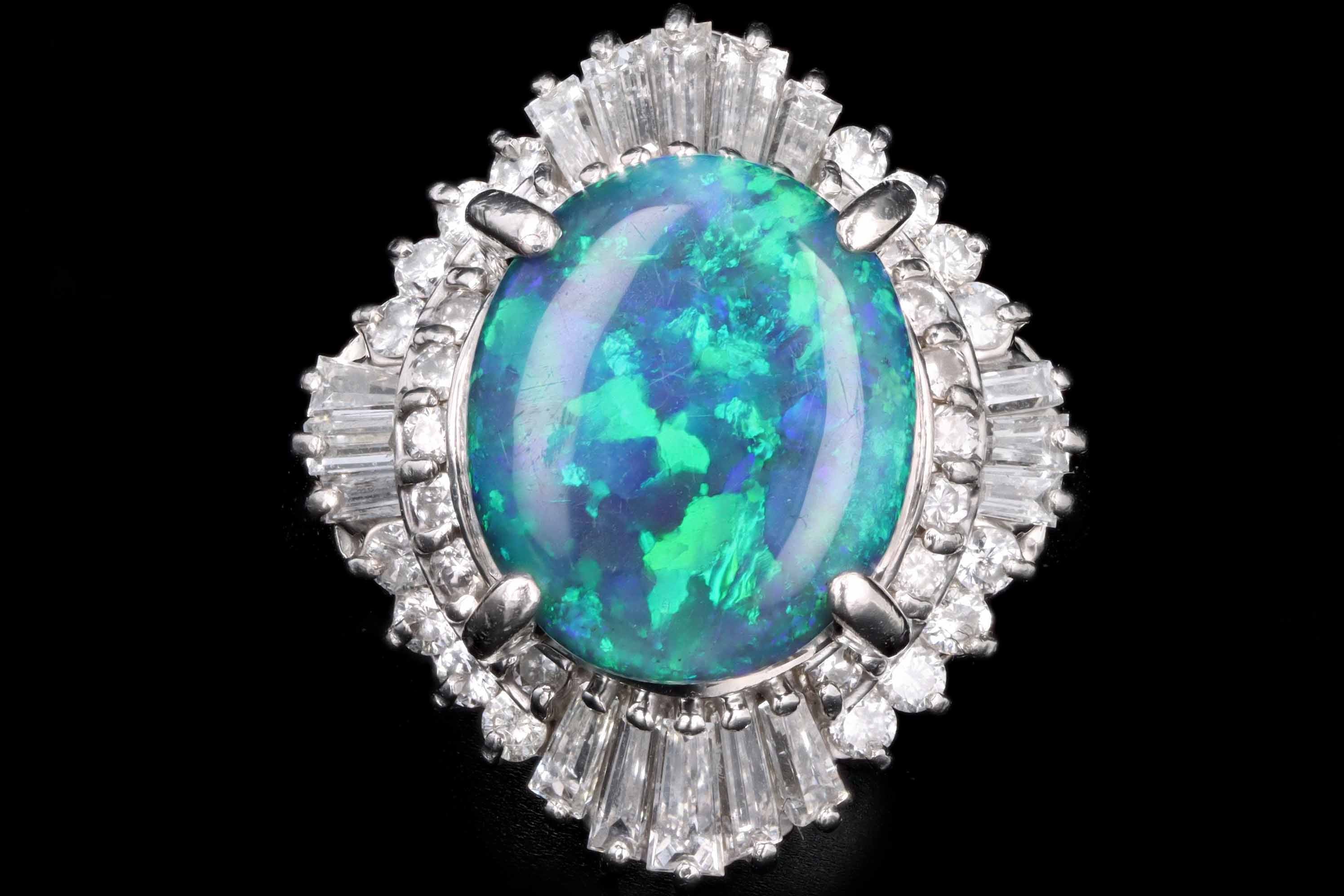 Retro Platinum 4.40 Carat Black Opal & Tapered Baguette Ballerina Ring - Queen May