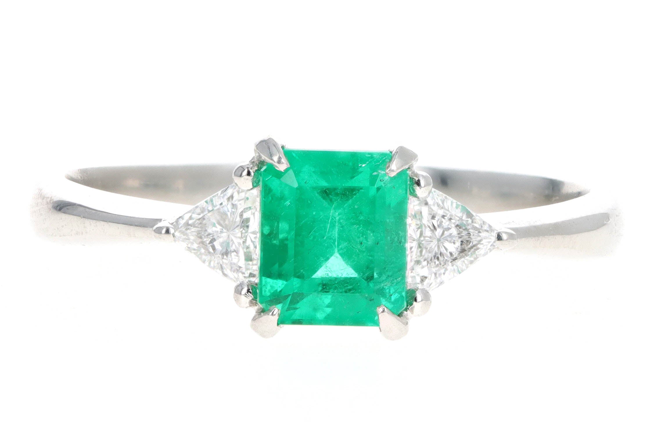 Platinum 1.11 Carat Natural Emerald & Trillion Diamond Three Stone Ring - Queen May