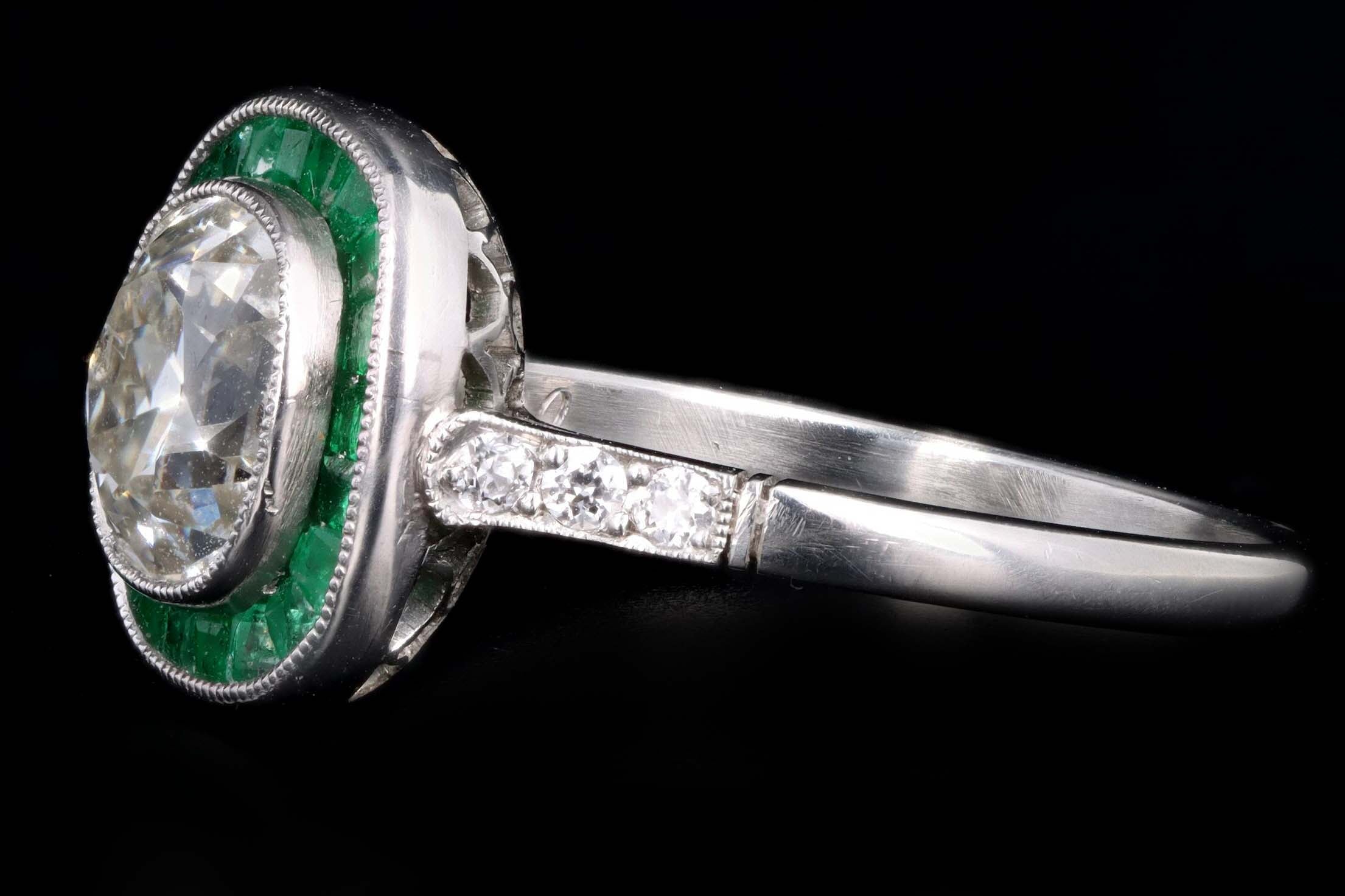 Art Deco Inspired 1.80 Carat Old Mine Diamond & Natural Emerald Halo Engagement Ring - Queen May