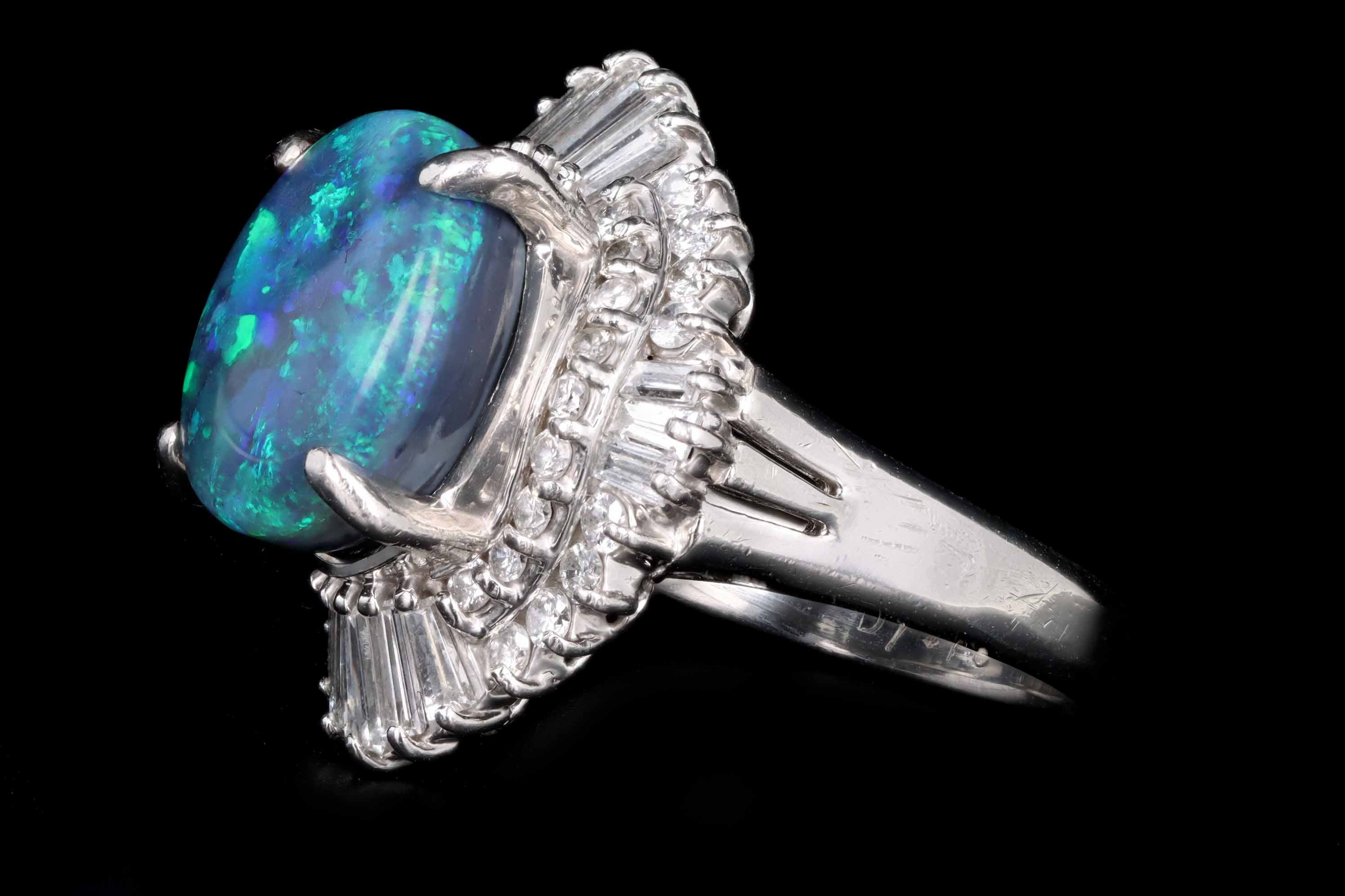 Retro Platinum 4.40 Carat Black Opal & Tapered Baguette Ballerina Ring - Queen May