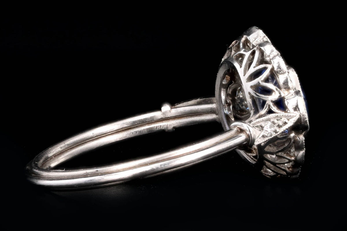 Art Deco Inspired Platinum 1.15 Carat Cushion Cut Natural Sapphire & Old European Cut Diamond Halo Cluster Ring - Queen May