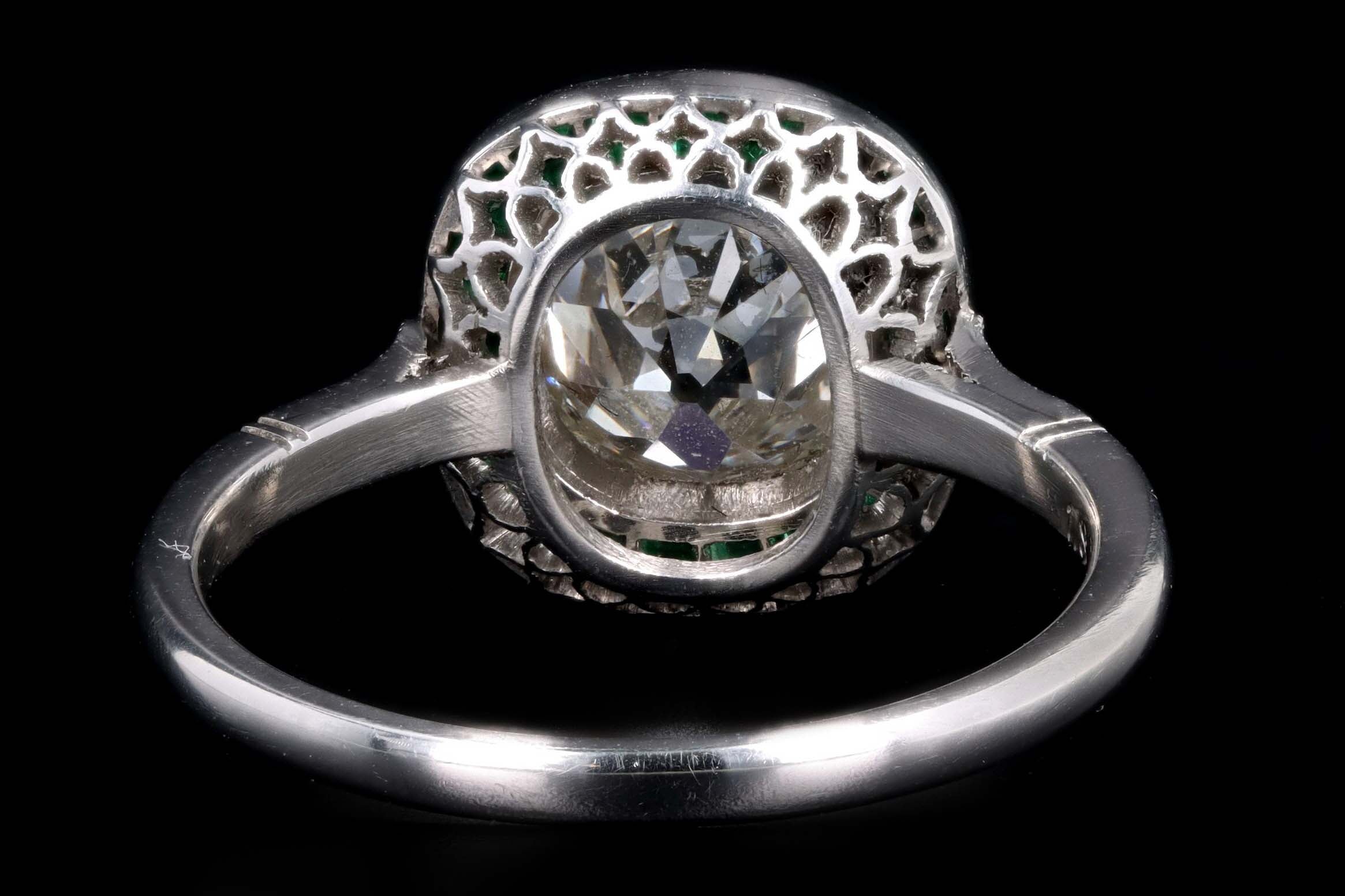 Art Deco Inspired 1.80 Carat Old Mine Diamond & Natural Emerald Halo Engagement Ring - Queen May