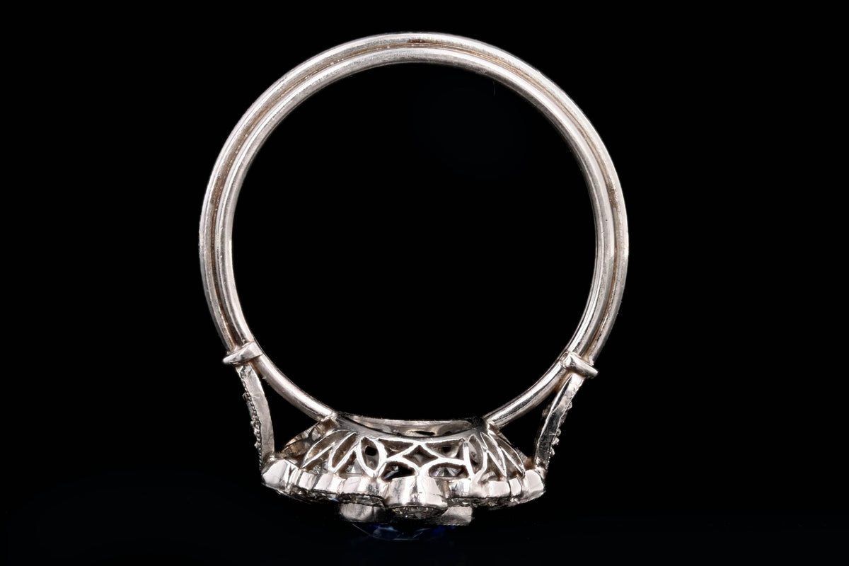 Art Deco Inspired Platinum 1.15 Carat Cushion Cut Natural Sapphire & Old European Cut Diamond Halo Cluster Ring - Queen May