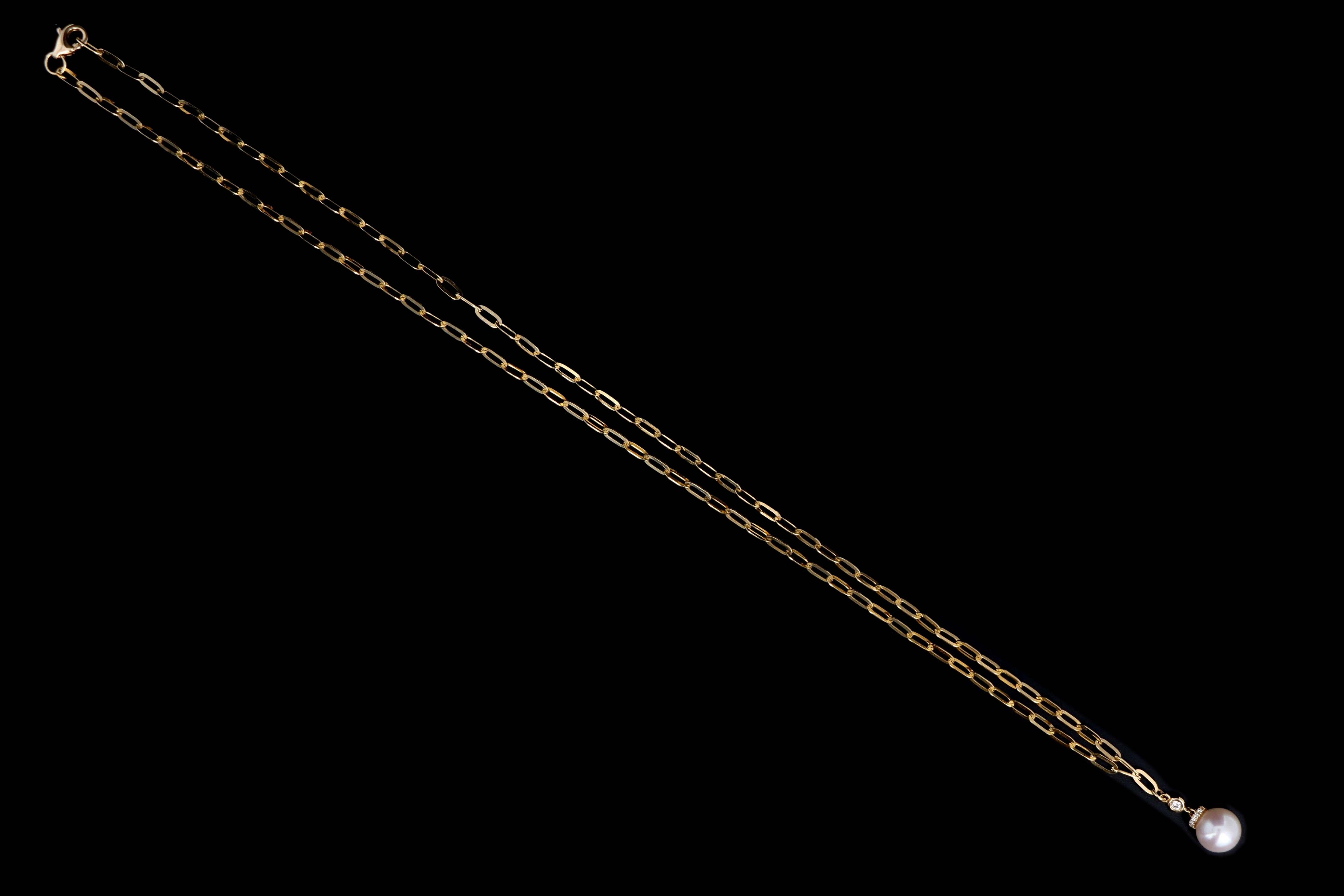 14K Gold Pearl & Diamond Paperclip Chain Pendant Necklace - Queen May