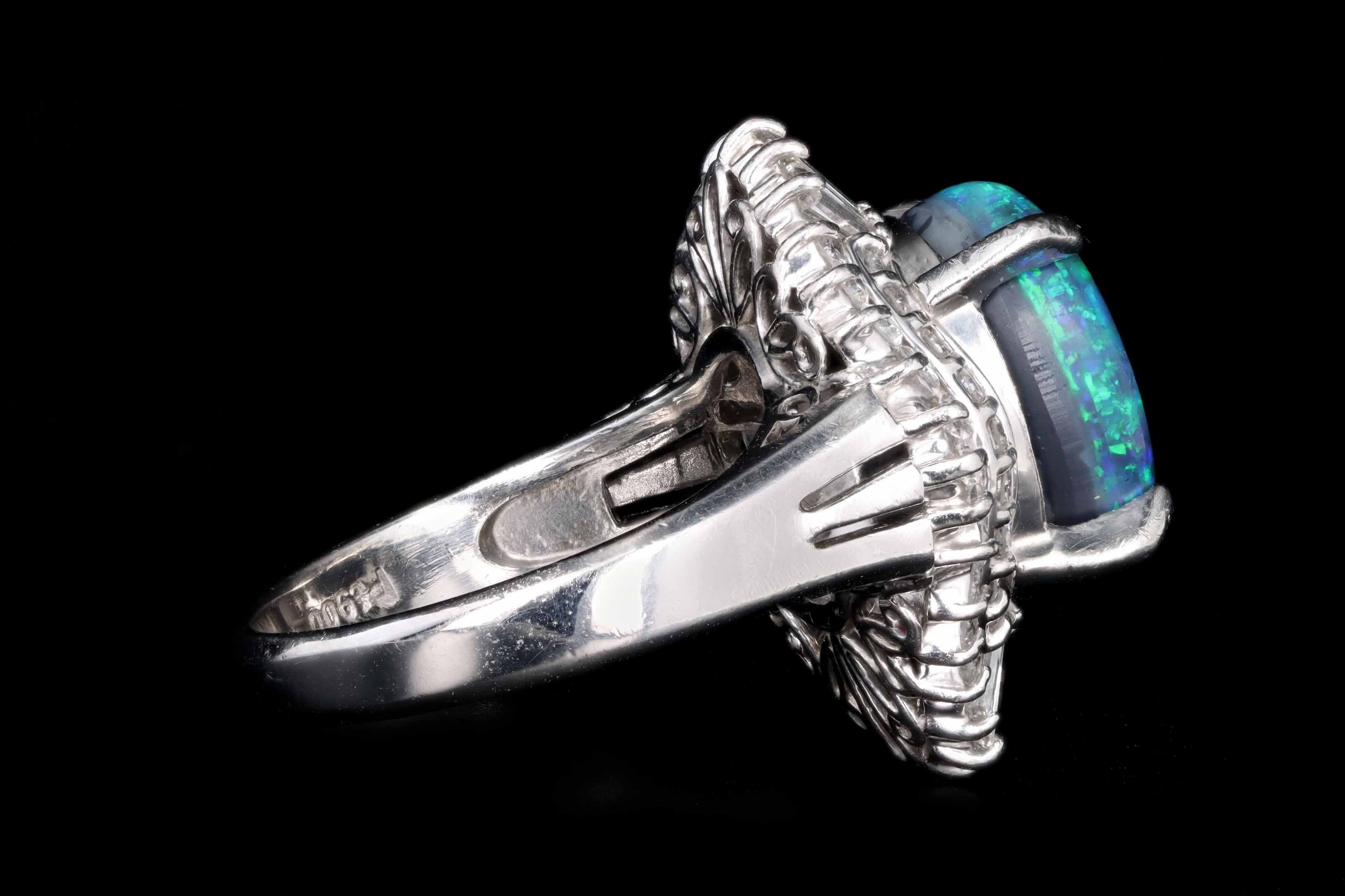 Retro Platinum 4.40 Carat Black Opal & Tapered Baguette Ballerina Ring - Queen May