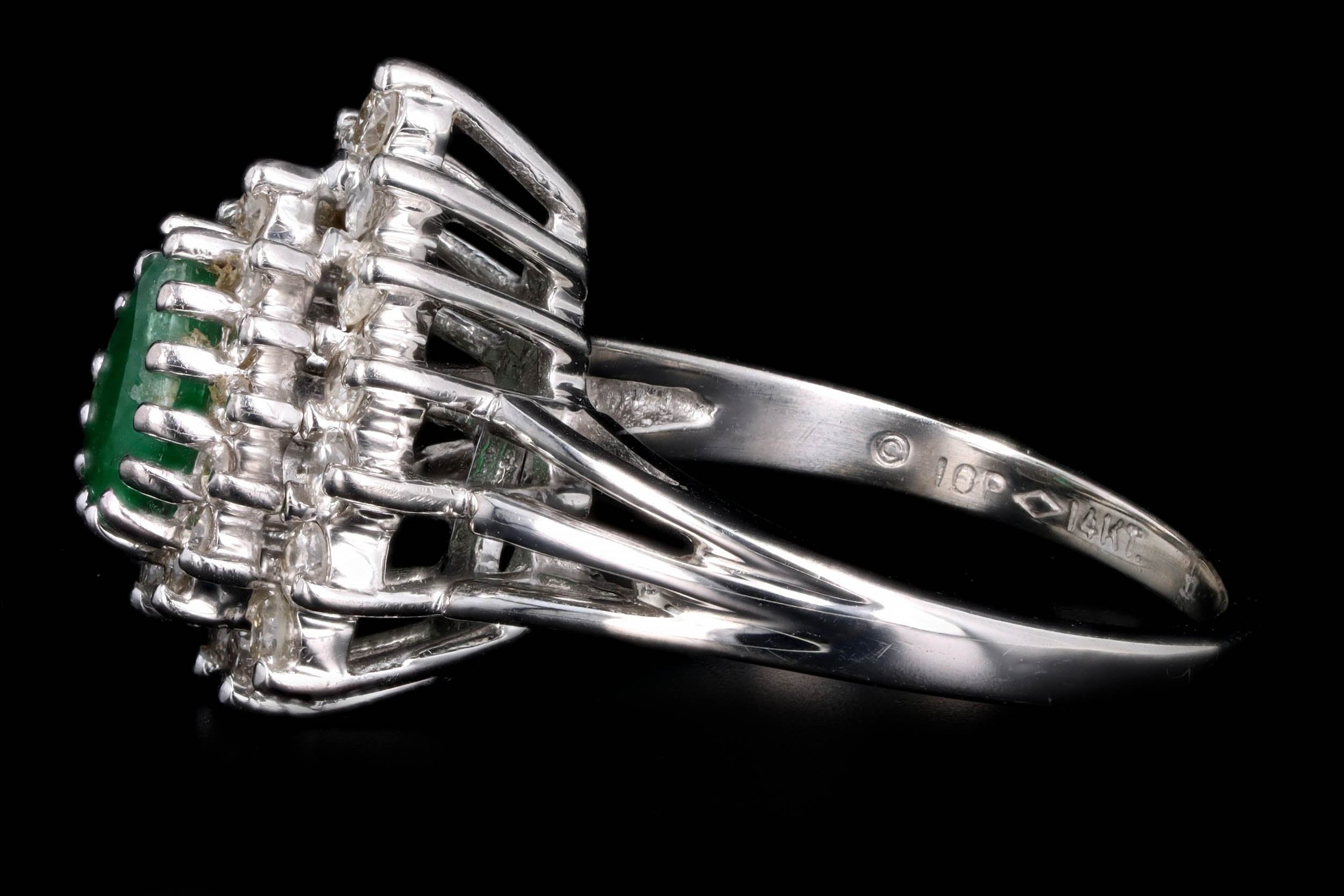 Vintage 14K White Gold .50 Carat Pear Cut Emerald & Diamond Halo Ring - Queen May