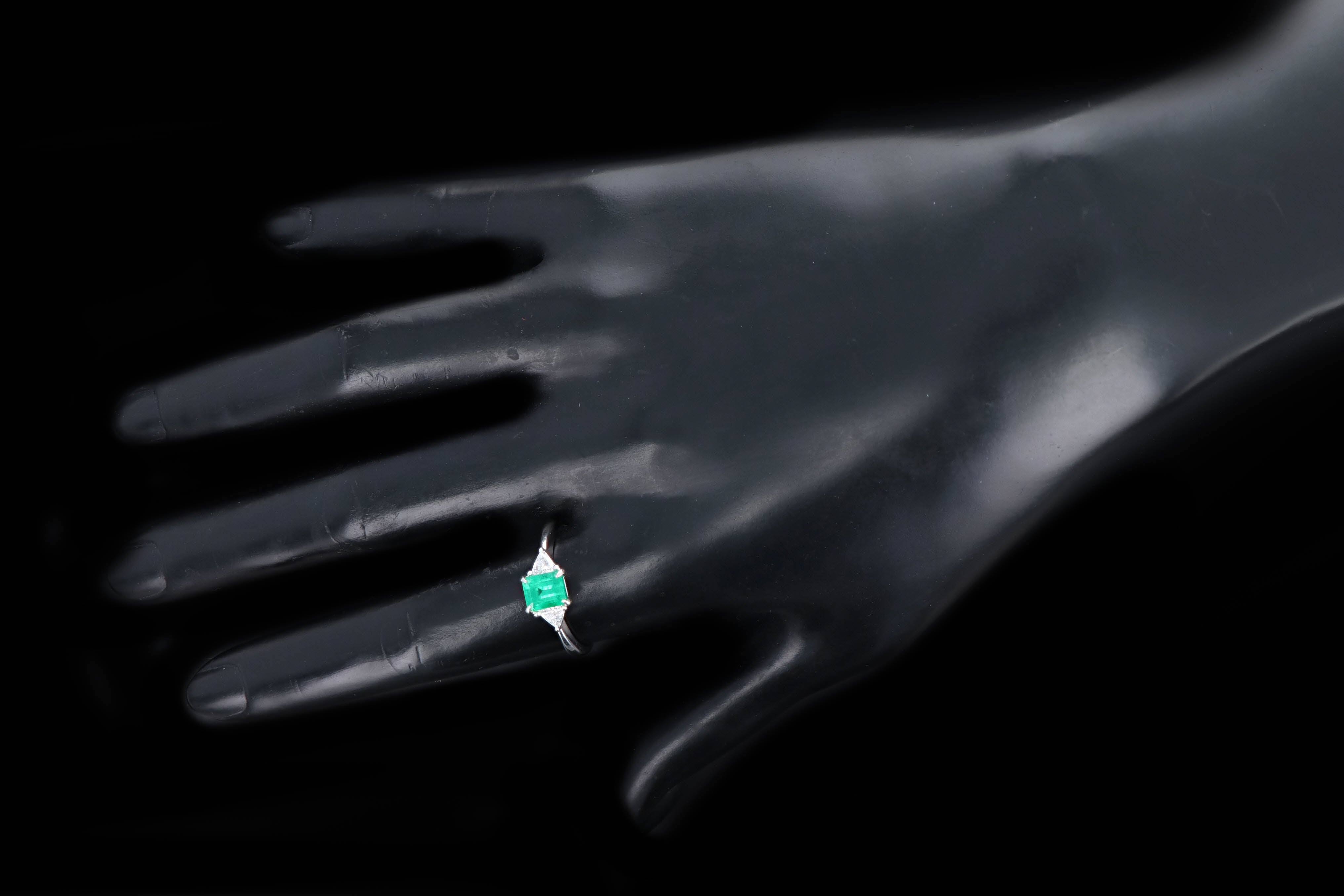 Platinum 1.11 Carat Natural Emerald & Trillion Diamond Three Stone Ring - Queen May