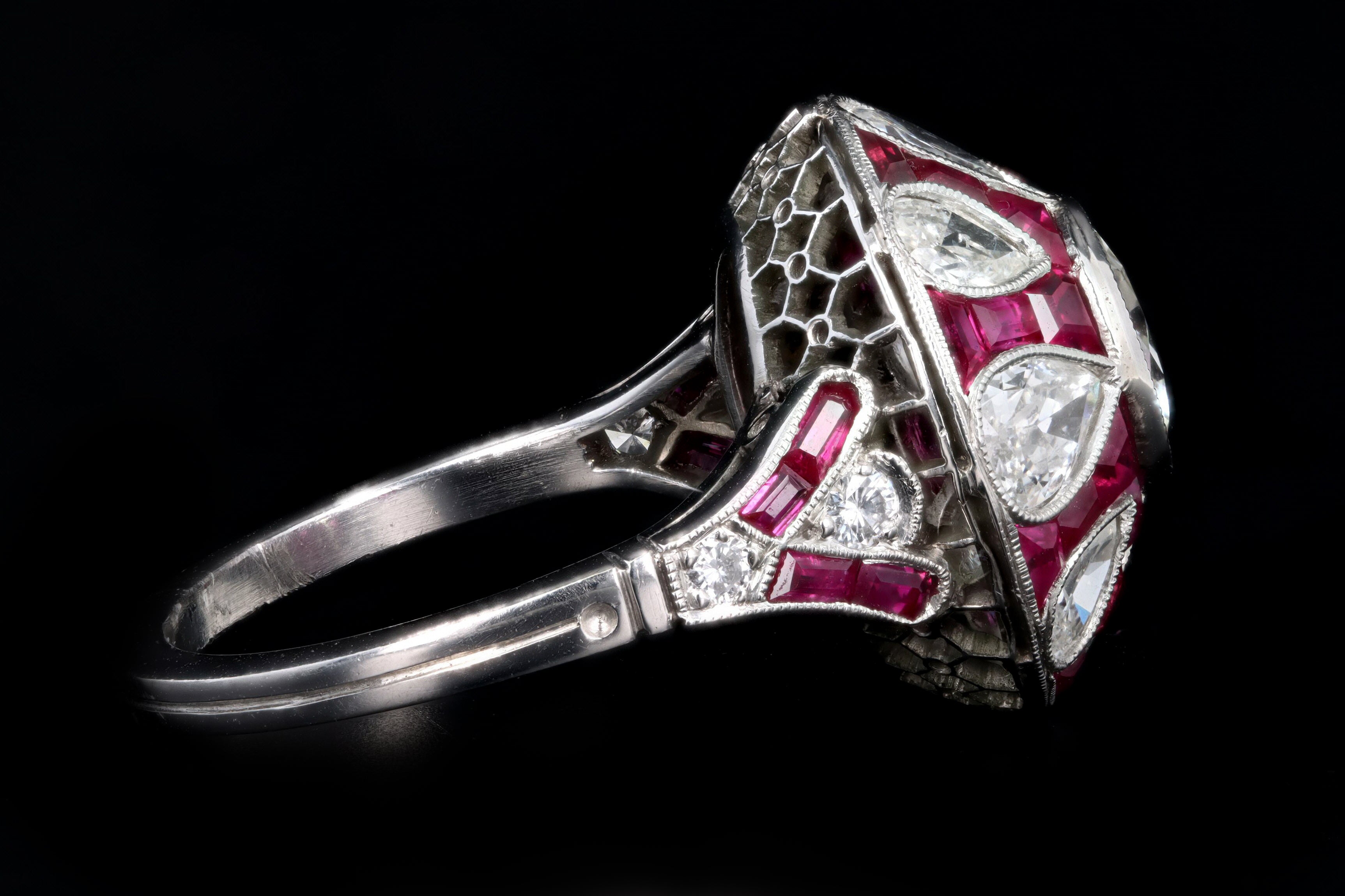 Art Deco Inspired Platinum 1.14 Carat Old European Cut Diamond & Natural Ruby Ring - Queen May