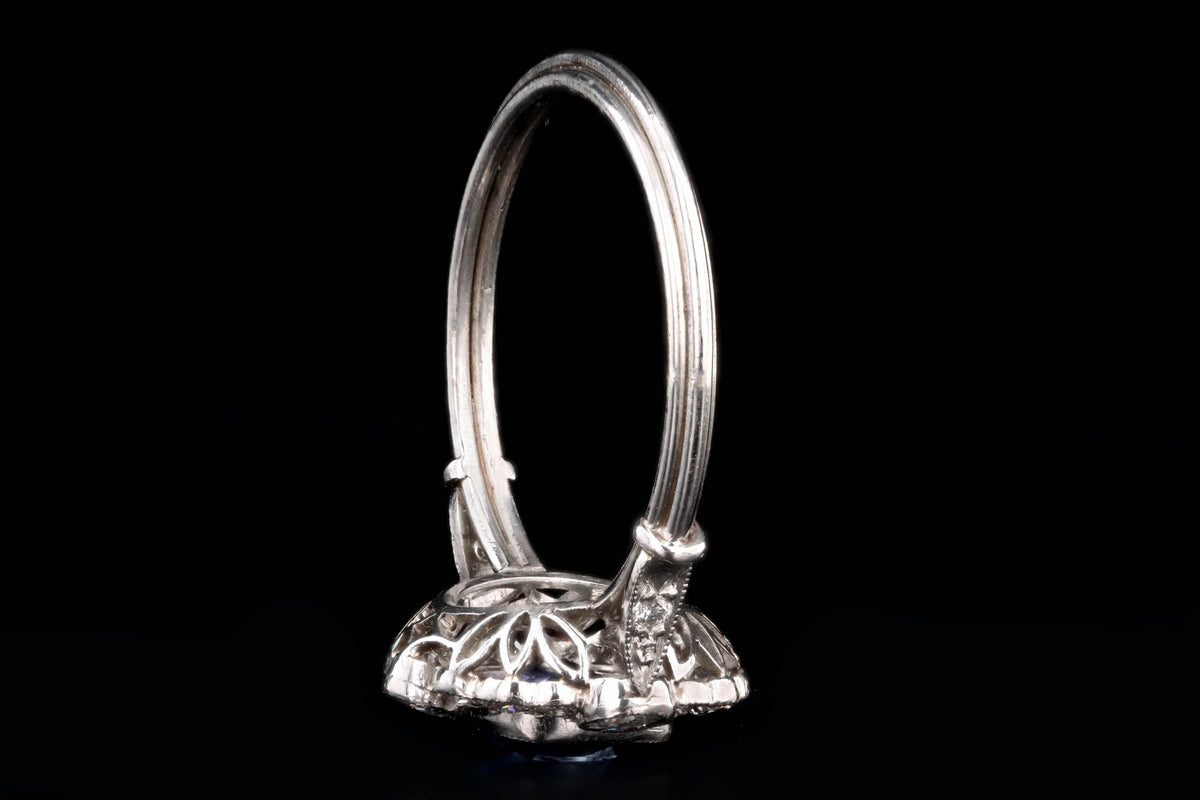 Art Deco Inspired Platinum 1.15 Carat Cushion Cut Natural Sapphire & Old European Cut Diamond Halo Cluster Ring - Queen May