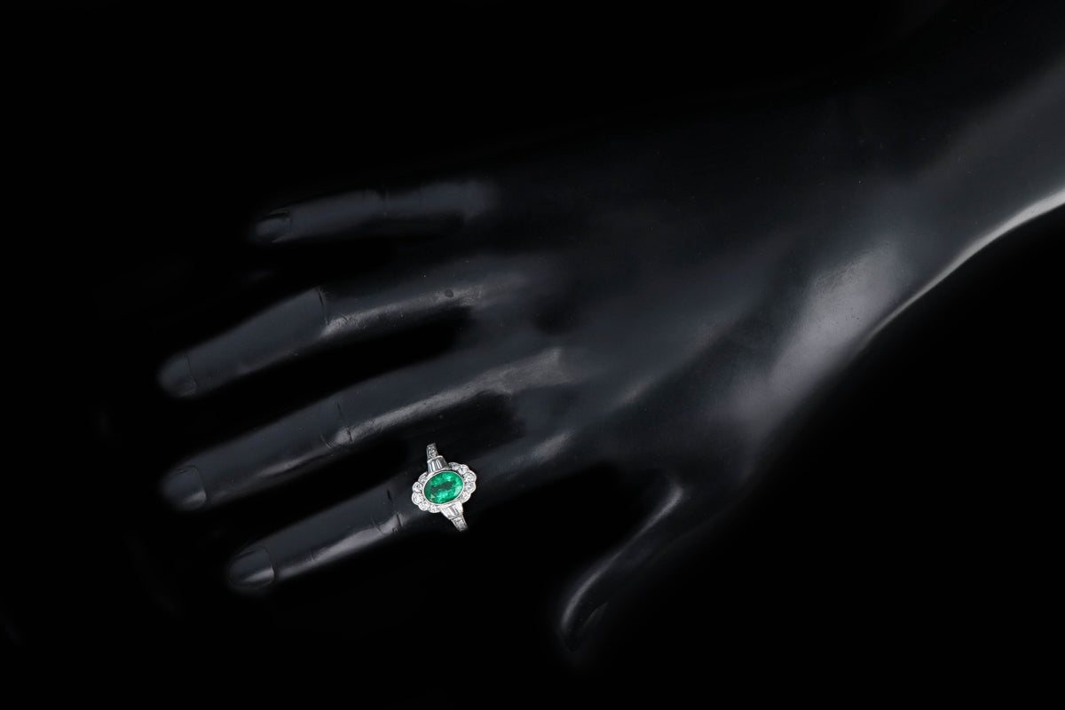 Art Deco Inspired Platinum 1.25 Carat Oval Cut Natural Emerald & Old European Cut Diamond Ring - Queen May