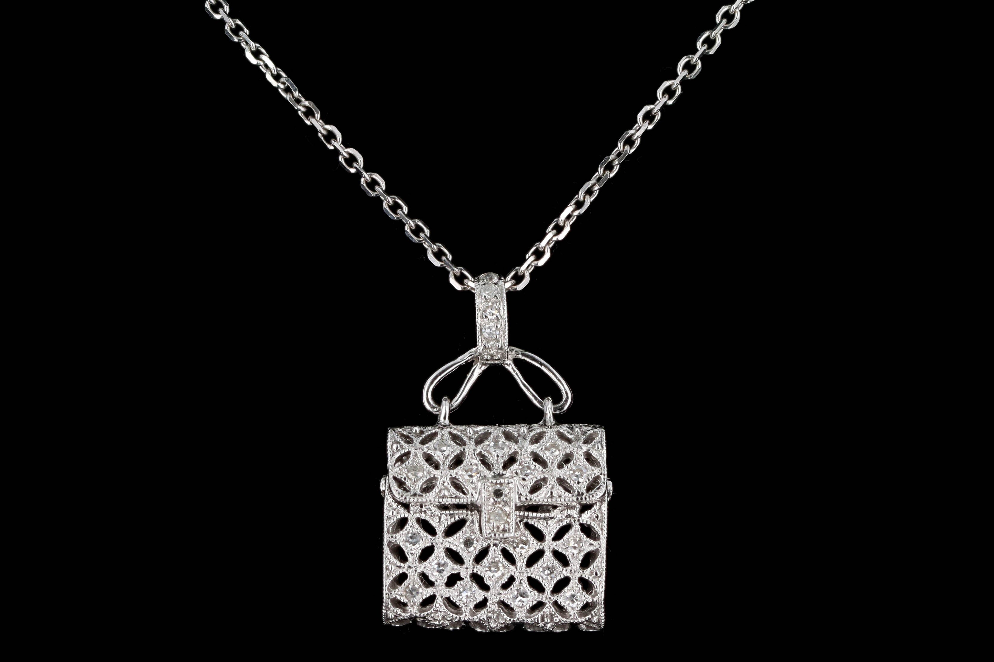 14K White Gold 0.07 Carat Total Weight Diamond Purse Pendant Necklace - Queen May