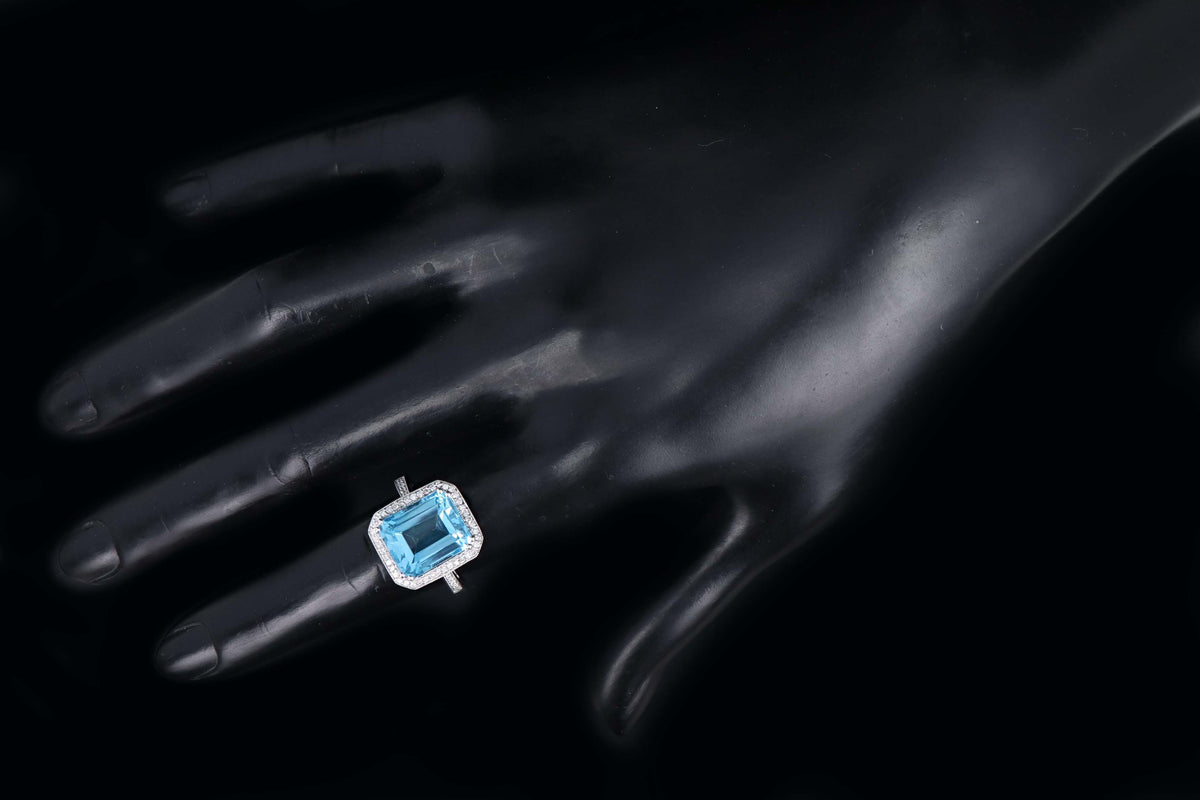 18K White Gold 7.20 Carat Emerald Cut Blue Topaz & Diamond Halo Ring - Queen May