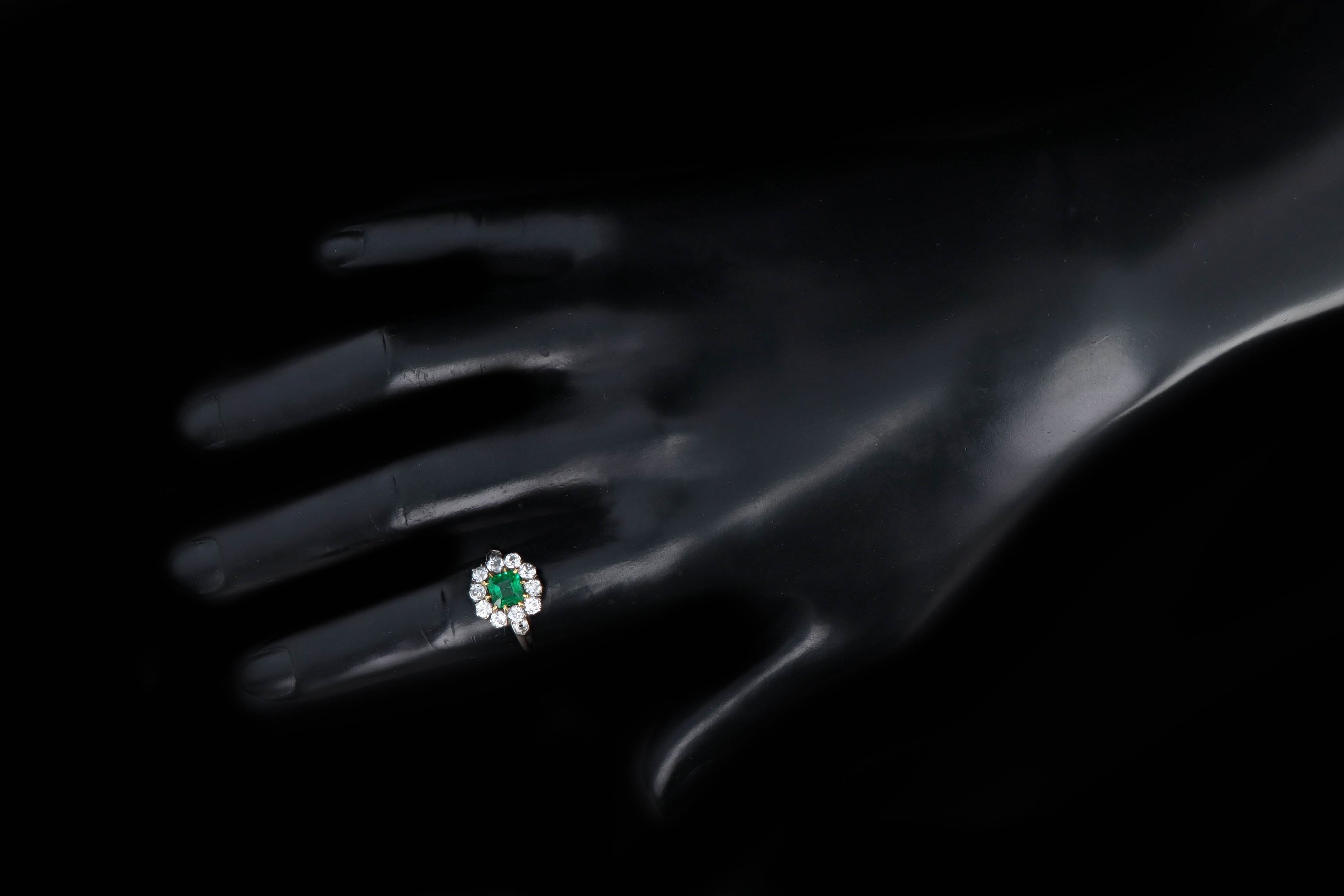 Victorian Inspired 18K Yellow Gold & Platinum 0.77 Carat Natural Emerald & Old European Cut Diamond Halo Cluster Ring - Queen May