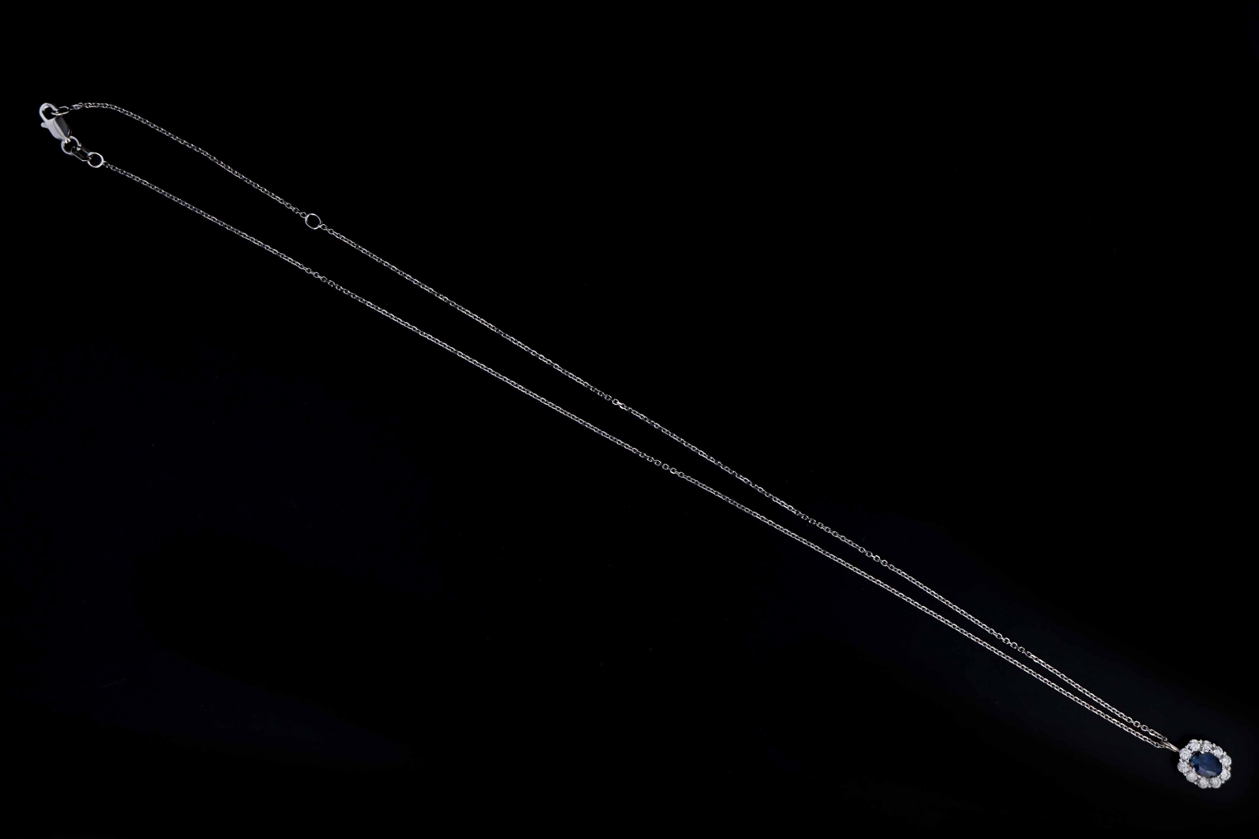 14K White Gold .50 Carat Oval Natural Sapphire & Diamond Halo Pendant Necklace - Queen May