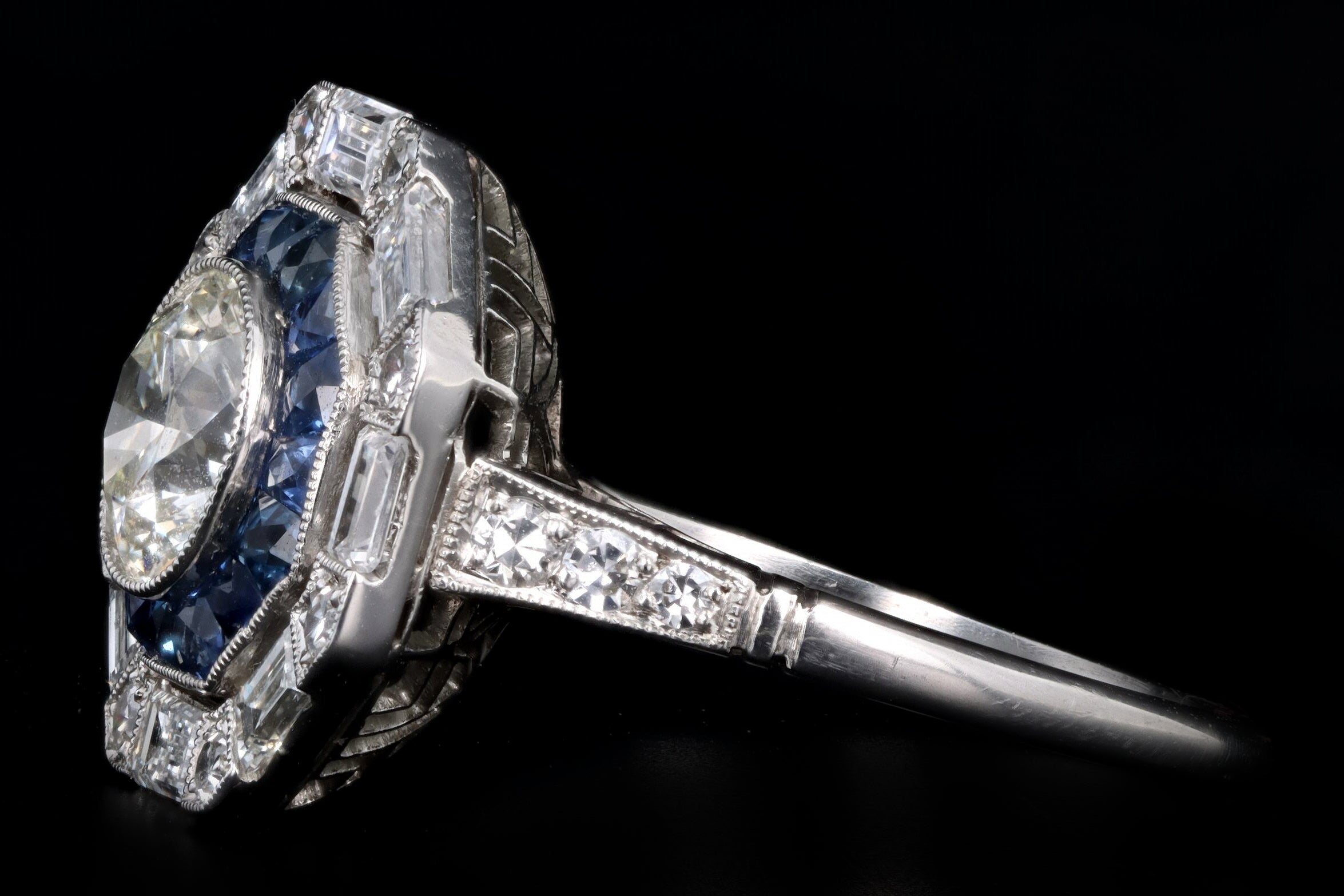 Art Deco Inspired 1.15 Carat Old European Cut Diamond & Sapphire Halo Engagement Ring - Queen May